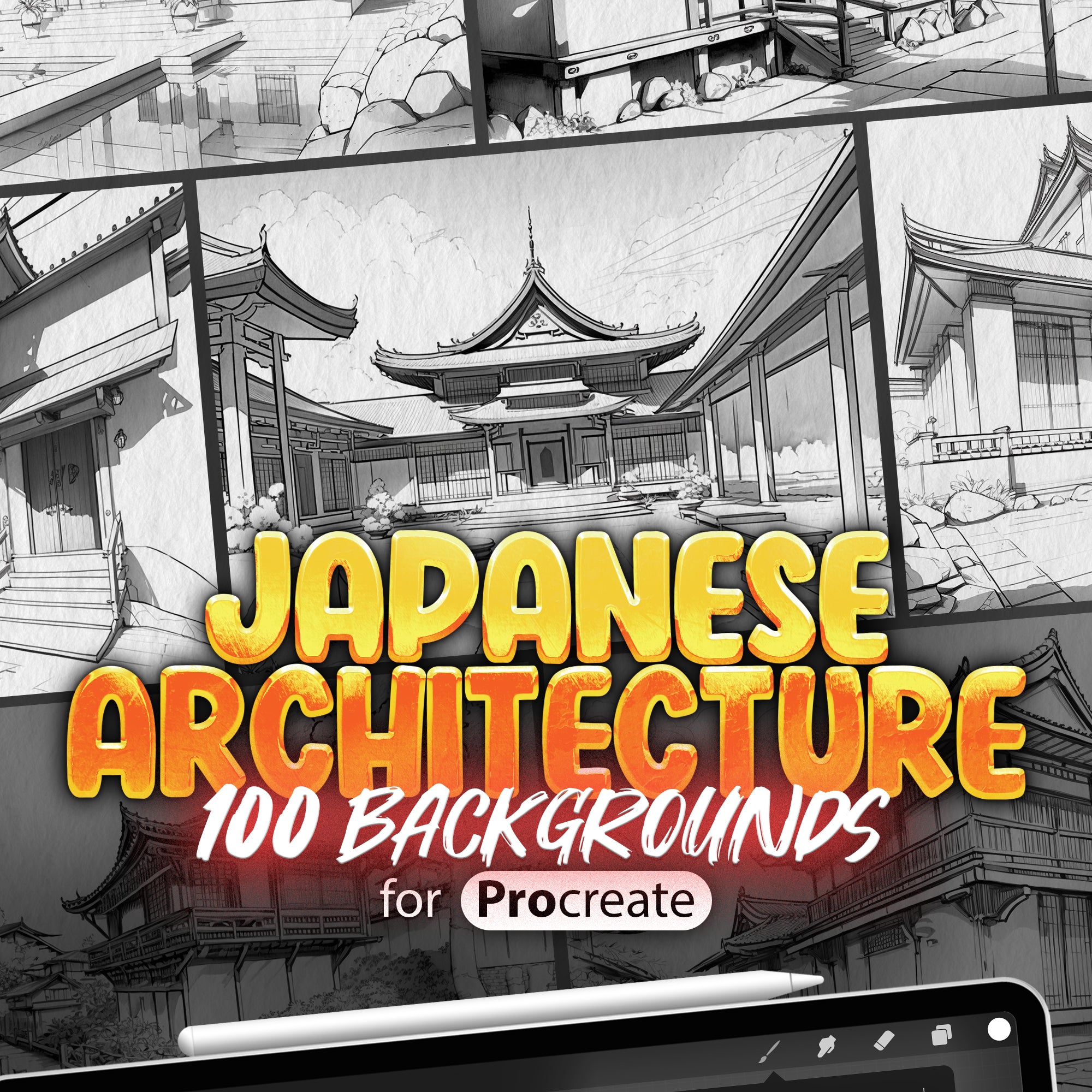 100 Procreate Traditional Japanese Architecture Building Backgrounds, Japanese Building Procreate Stamp, Temples Castles Procreate Stamps