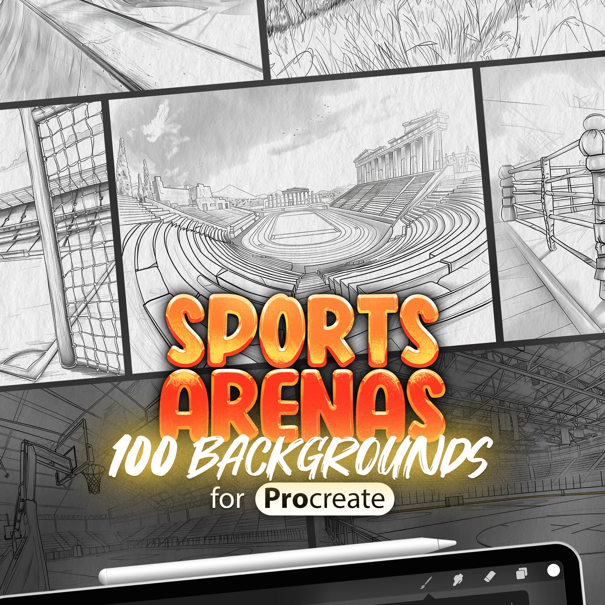 100 Procreate Sports Arenas Backgrounds, Procreate Ancients Stadiums Stamps, Procreate Martial Arts Dojos, Procreate Soccer Arenas Stamps