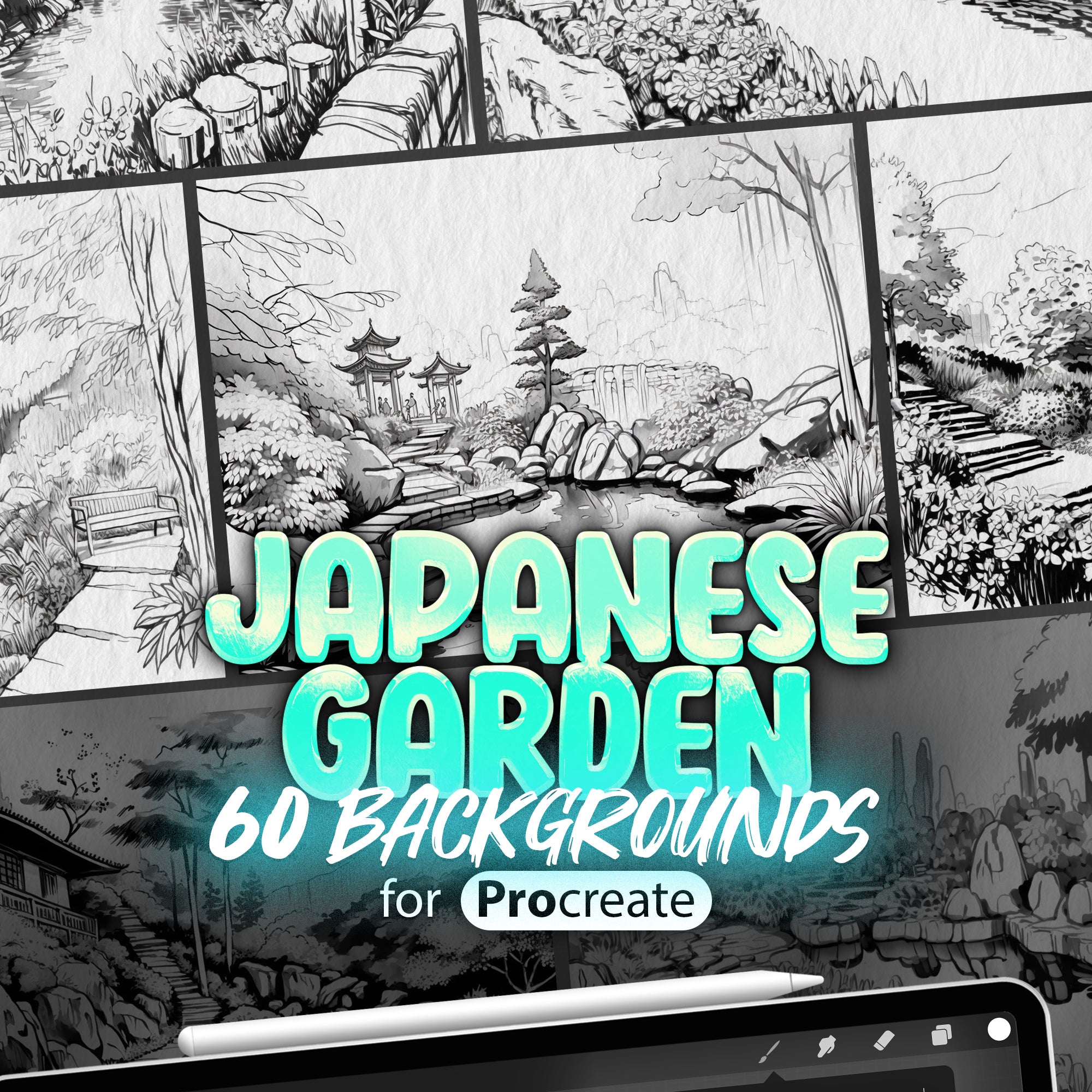 60 Procreate Japanese Garden Background, Procreate Traditional Japanese Garden Stamps, Traditional Japanese Garden Landscape Sketches