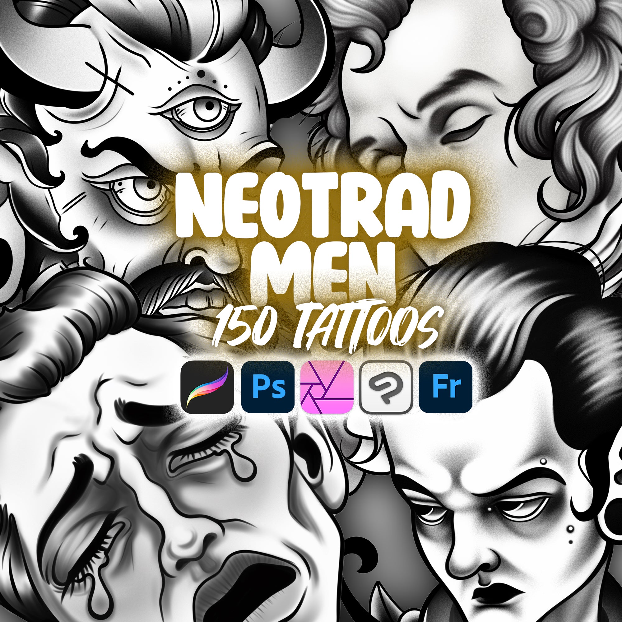 150 Procreate Neotraditional Men Tattoo Stamps | Photoshop Neo-traditional Gentleman Tattoo | Clip Studio Paint Man Face Tattoo