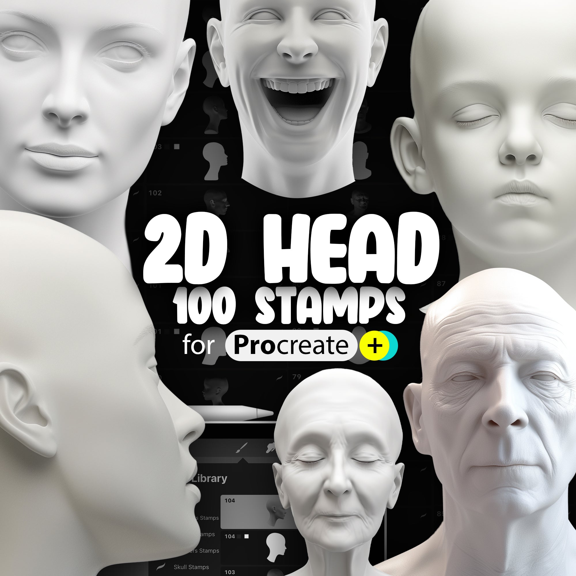 100 Procreate 2D Heads Stamp Brushes