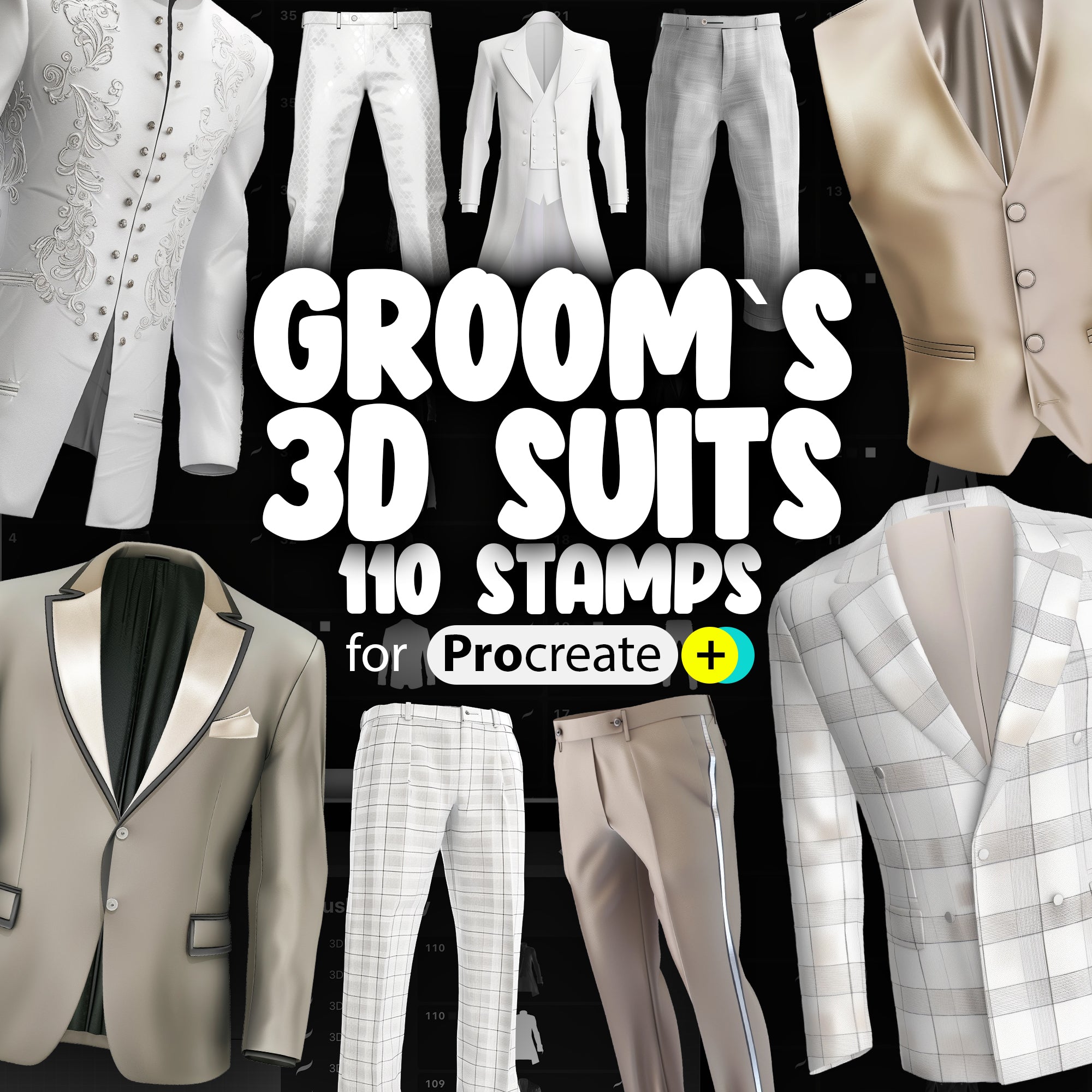 110 Procreate 3D Grooms Suits Stamp Brushes | Procreate Tuxedo Stamps | Procreate Casual Costume Stamps | Procreate Wedding Clothes Stamps