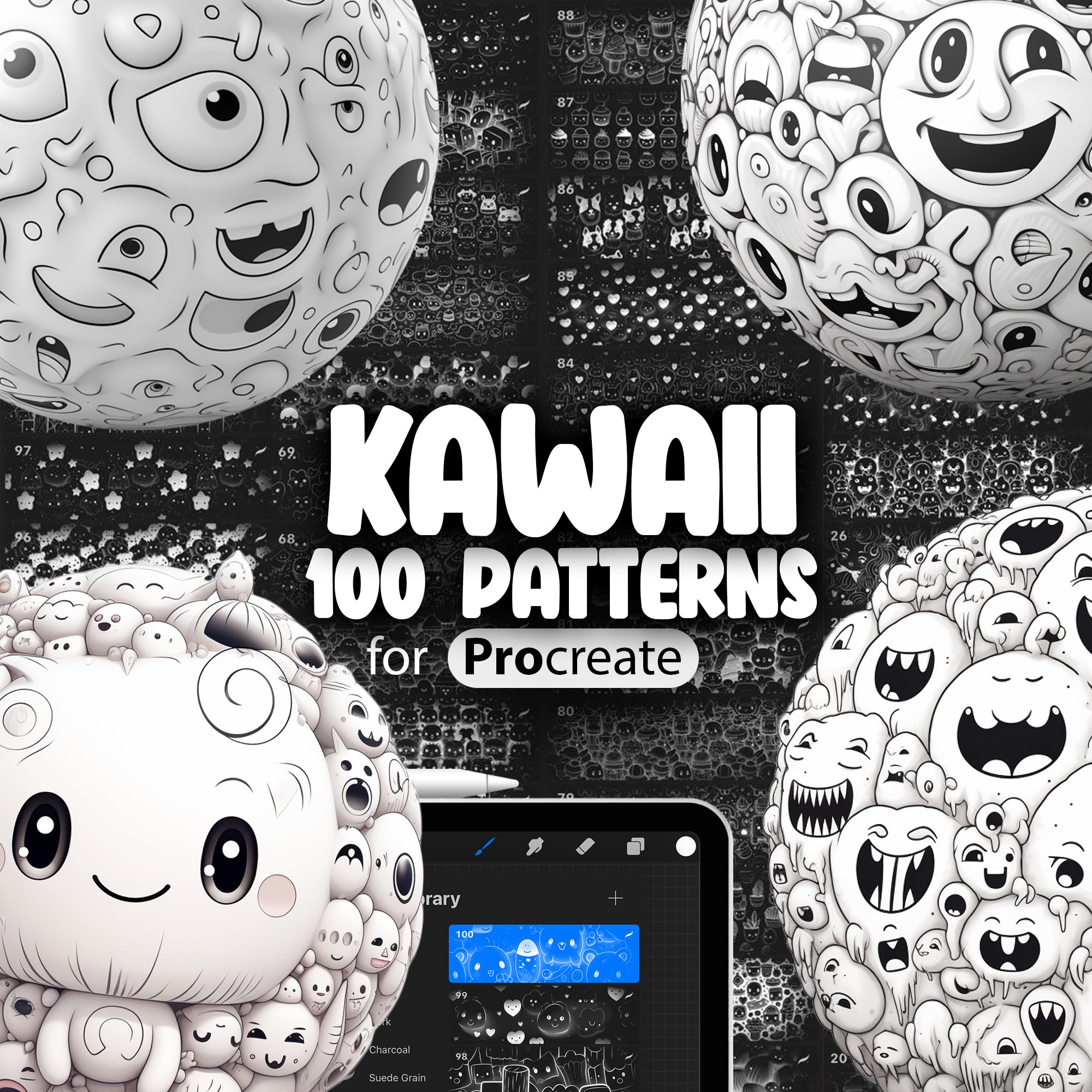 100 Procreate Kawaii Pattern, Kawaii Faces Procreate Texture Seamless Brushes, Procreate Kawaii Monsters Pattern Brush