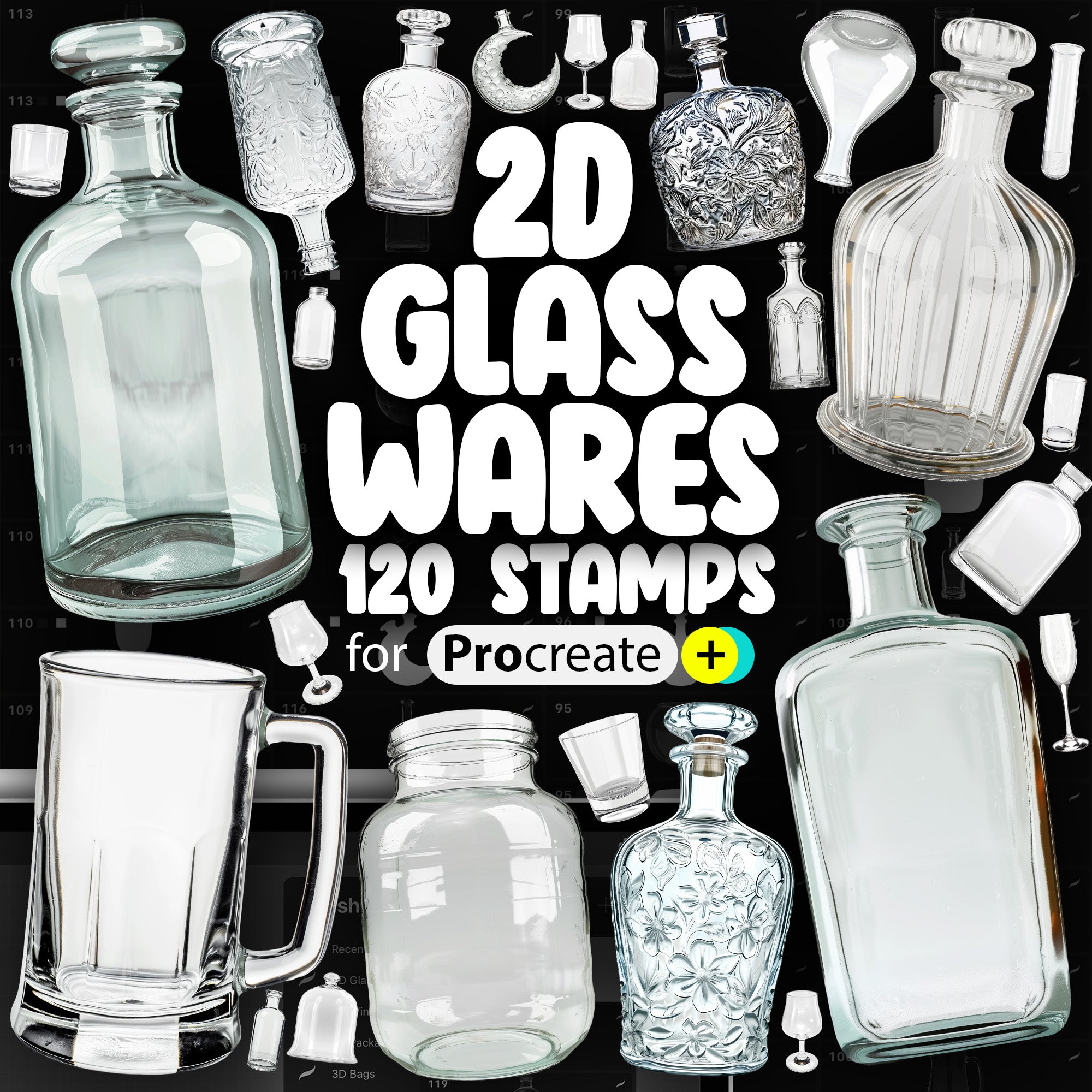 120 Procreate 2D Glass Wares Stamp Brushes