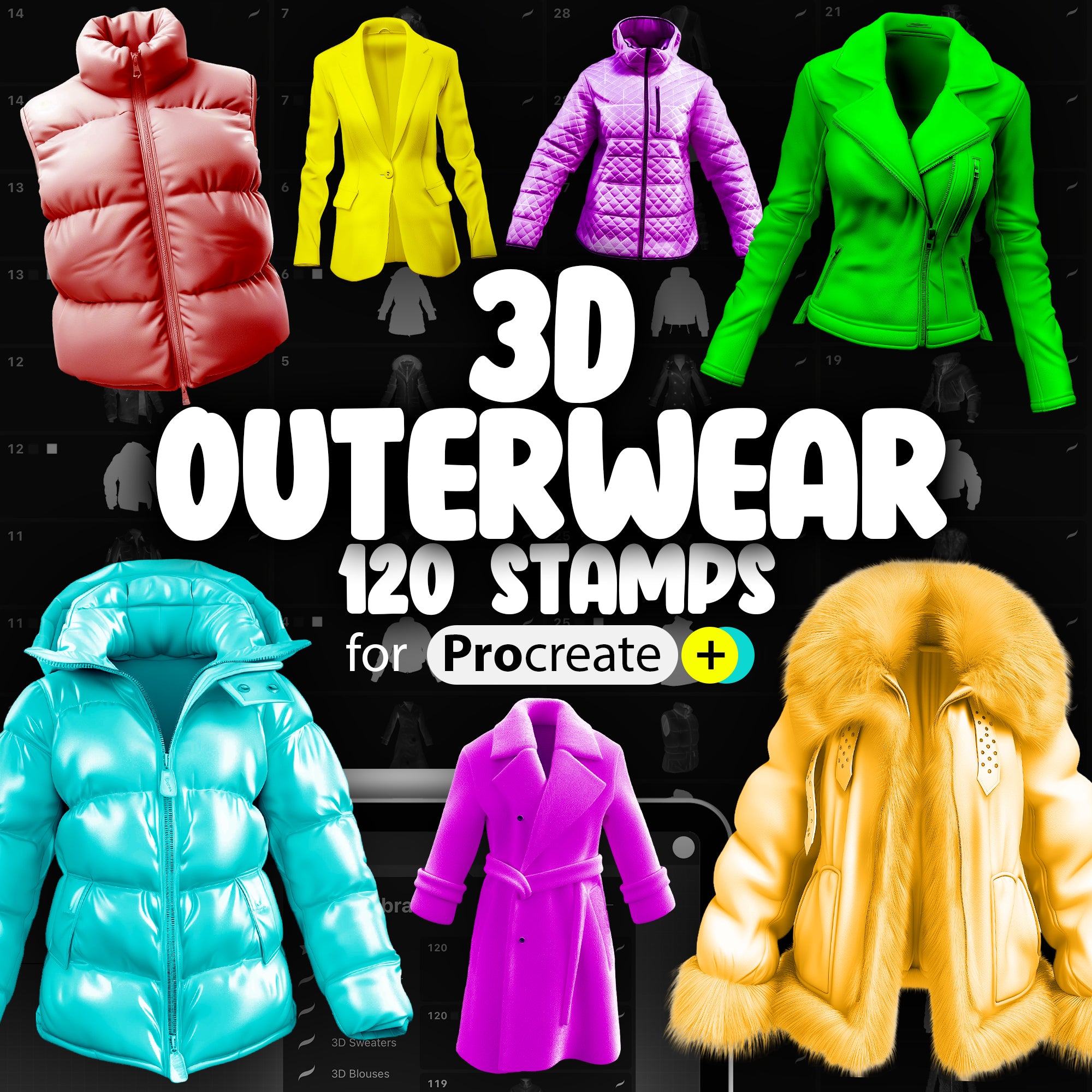 120 Procreate 3D Outerwear Stamp Brushes | Procreate Jacket Stamps | Procreate Coat Stamps | Procreate Winter Jacket Stamps