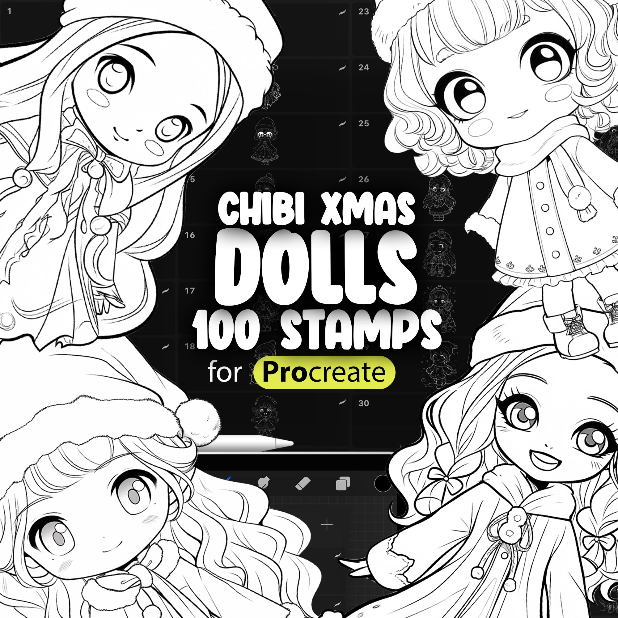 100 Procreate Chibi Christmas Doll Stamp Brushes, Procreate Chibi Girls Stamp Brush, Procreate Winter Chibi Stamp Brush