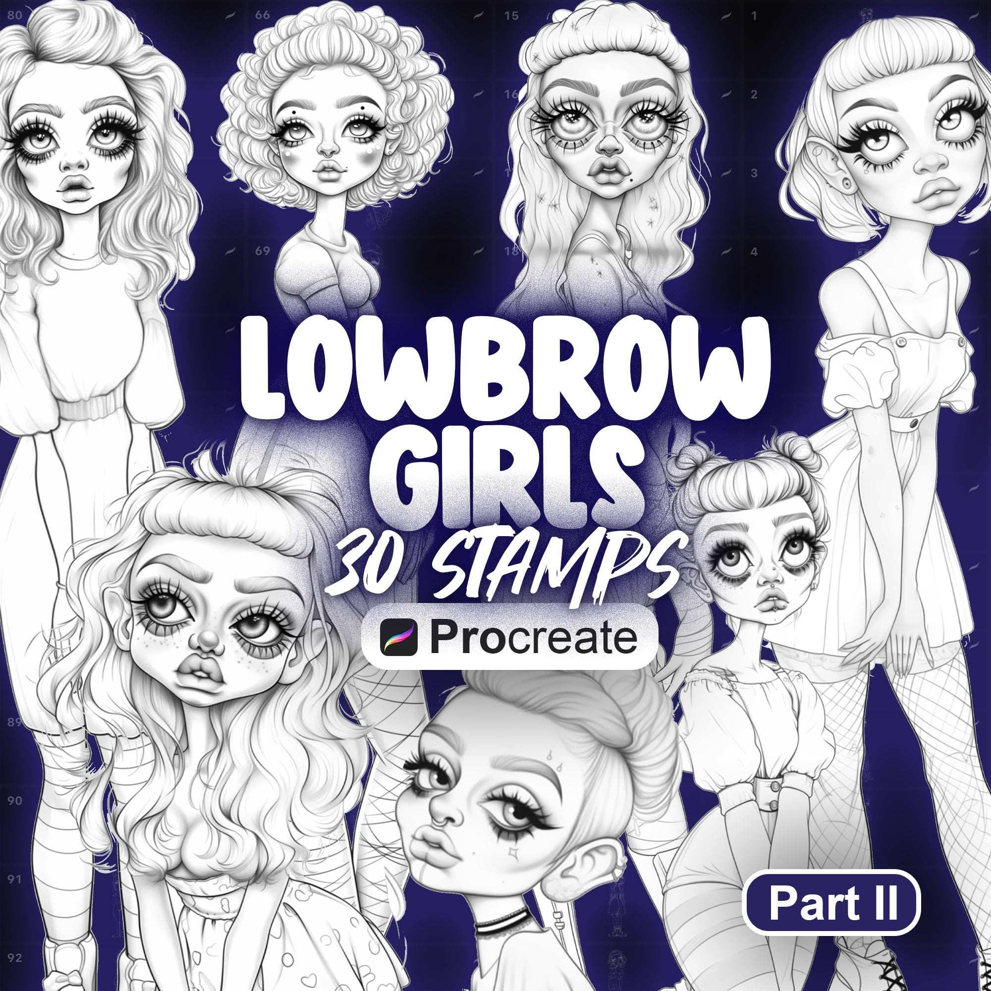 30 Procreate Lowbrow Stamps Part-2 | Unique Dolls in Full Height Stamps for Procreate | Procreate Fashion Model Girls | Procreate Characters