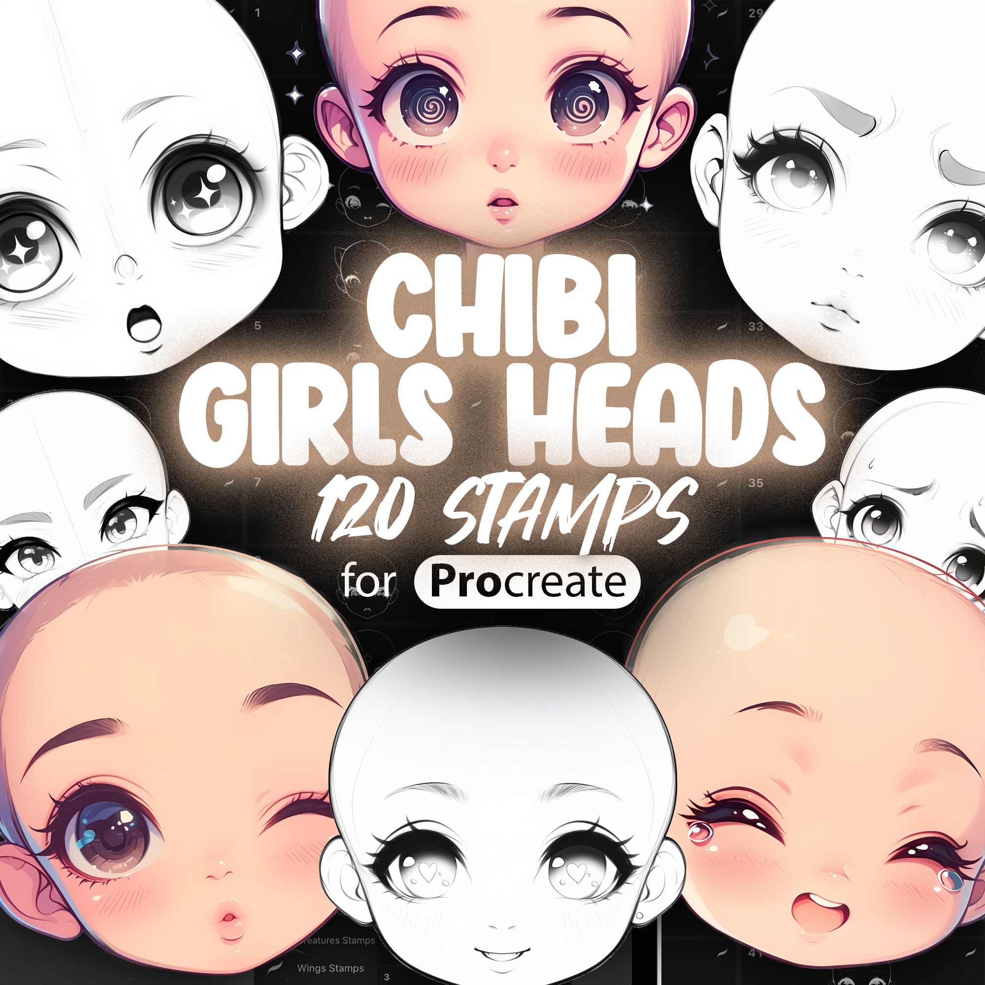 120 Procreate Chibi Girls Head Stamps | Procreate Chibi Girls Face Stamps | Procreate Chibi Stamps | Procreate Chibi Emotion Stamps