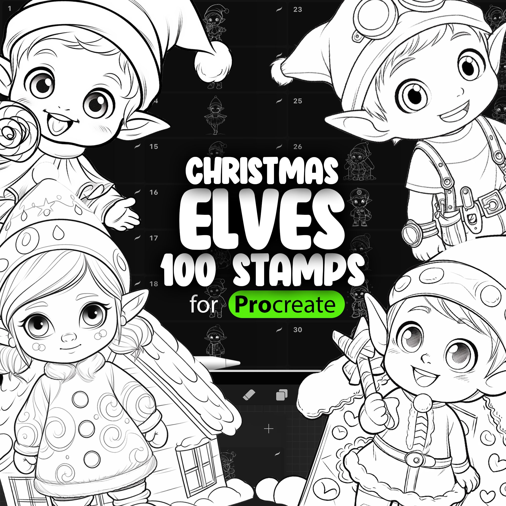 100 Procreate Christmas Elves Stamps