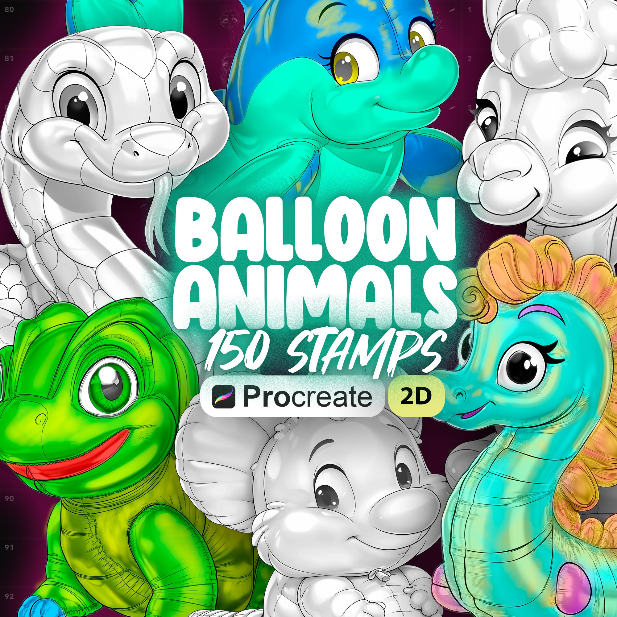 2D Procreate 150 Balloon Animals Stamps | Procreate Cute Inflated Toys Stamps | Procreate Cartoon Animals Stamp Brushes