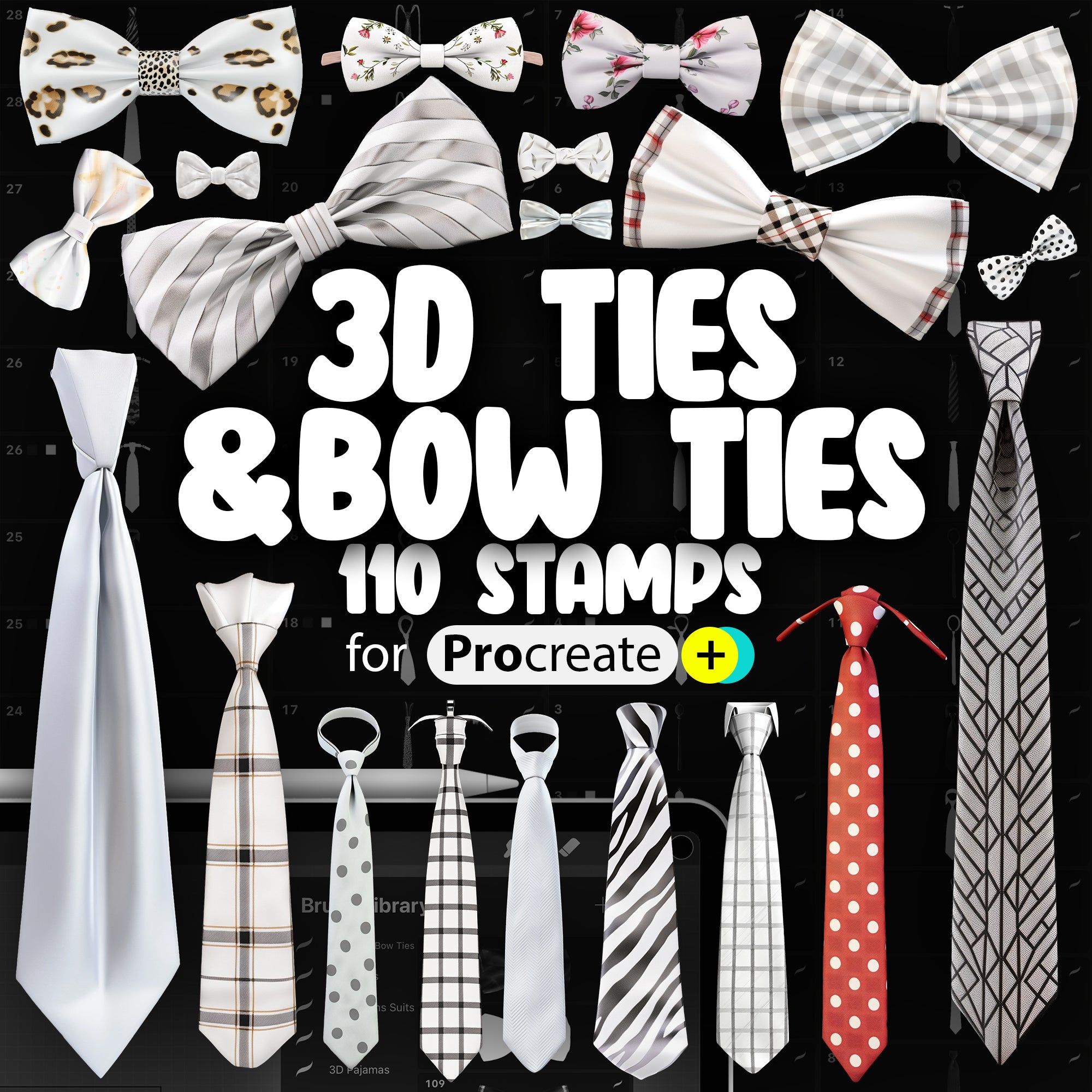 110 Procreate 3D Ties & Bow Ties Stamp Brushes | Procreate Tuxedo Stamps | Procreate Cravat Stamps | Procreate Grooms Accessories Stamps