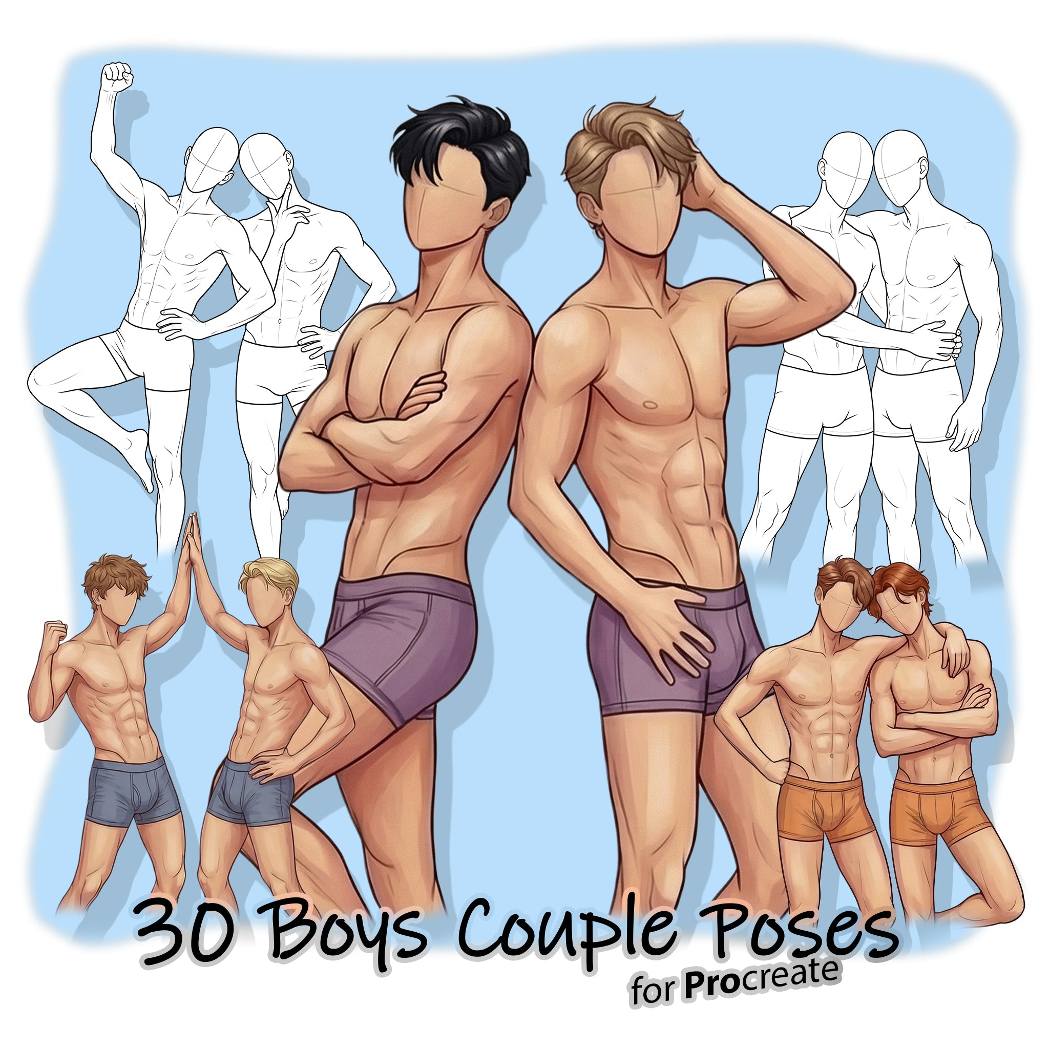 30 Procreate Boys Couple Poses Stamp Brushes