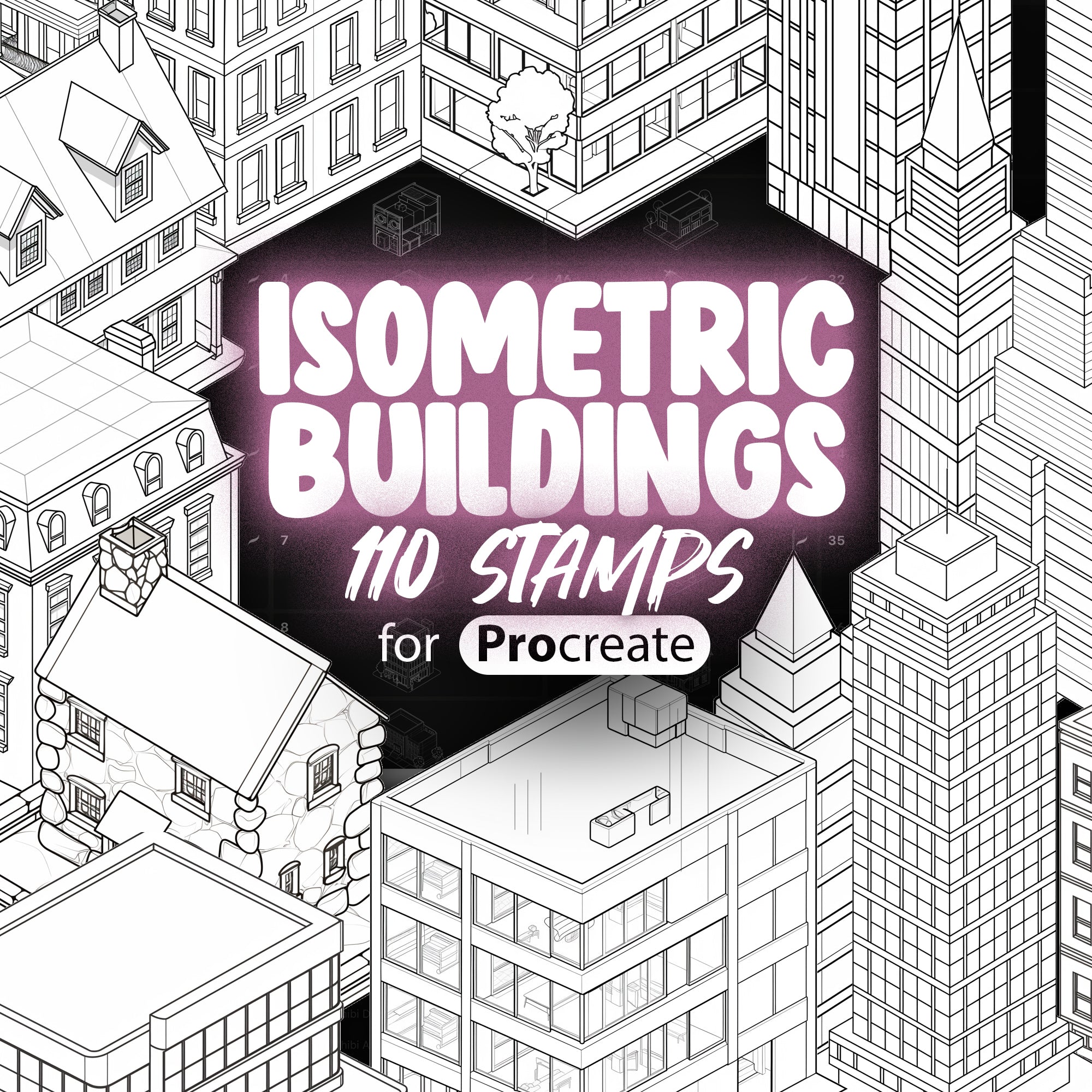 110 Procreate Isometric Buildings Stamps | Procreate Isometric House S ...