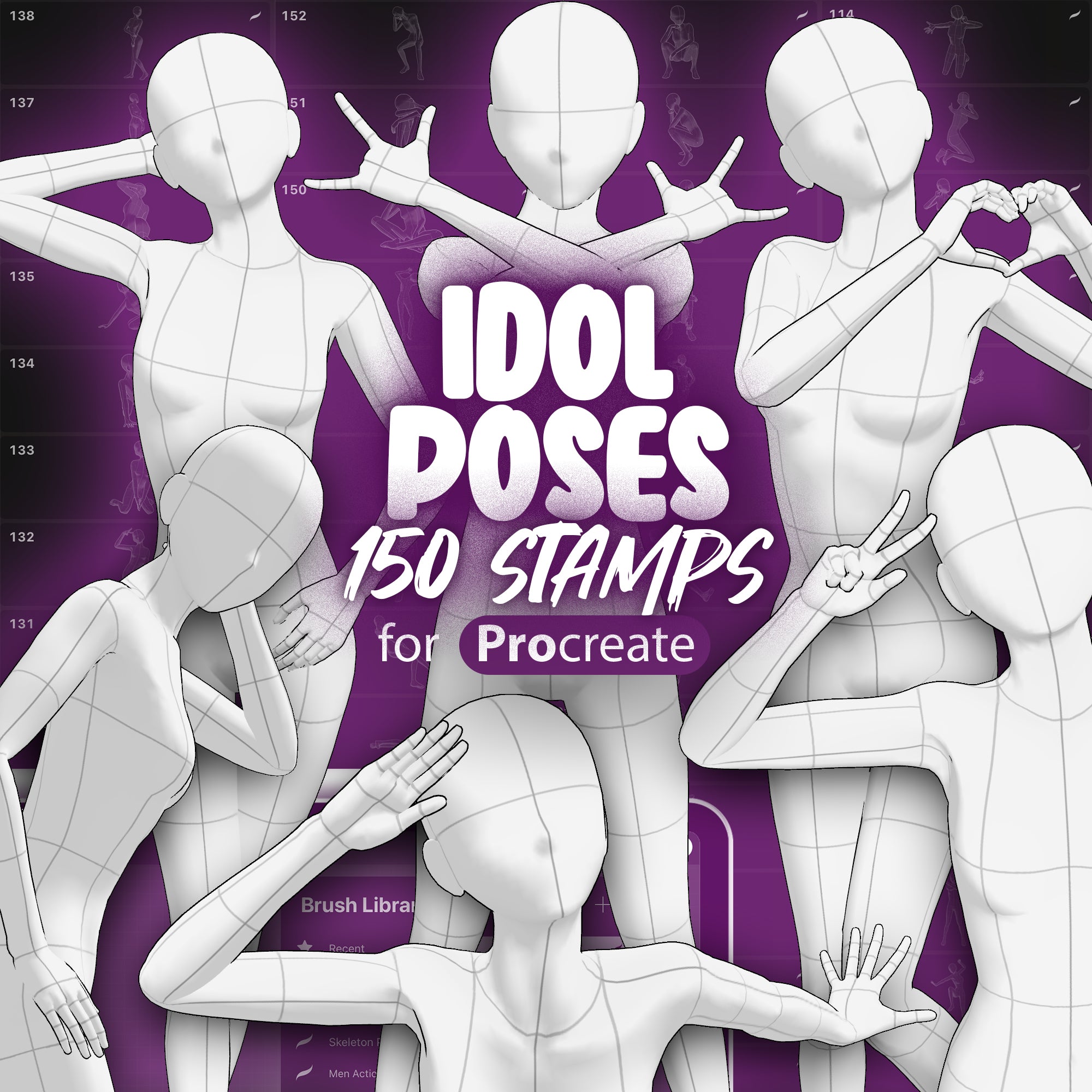 150 Manga Procreate Idol Poses Stamp Brushes | Anime Idol Poses Stamps for Procreate | Girls Idol Procreate Anatomy Poses