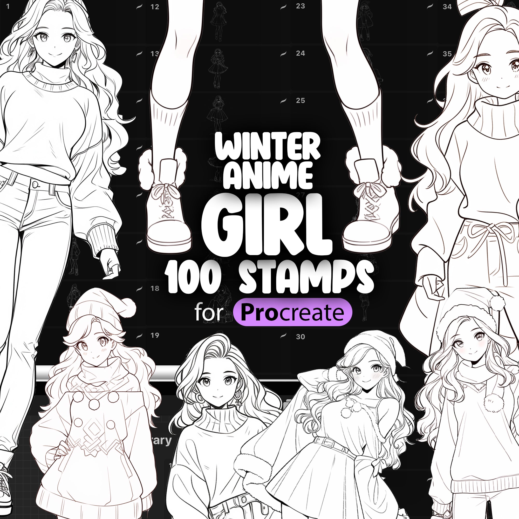 100 Procreate Christmas Anime Girls Stamp Brushes, Procreate Manga Winter Girls Stamp Brush, Procreate Woman Stamp Brush