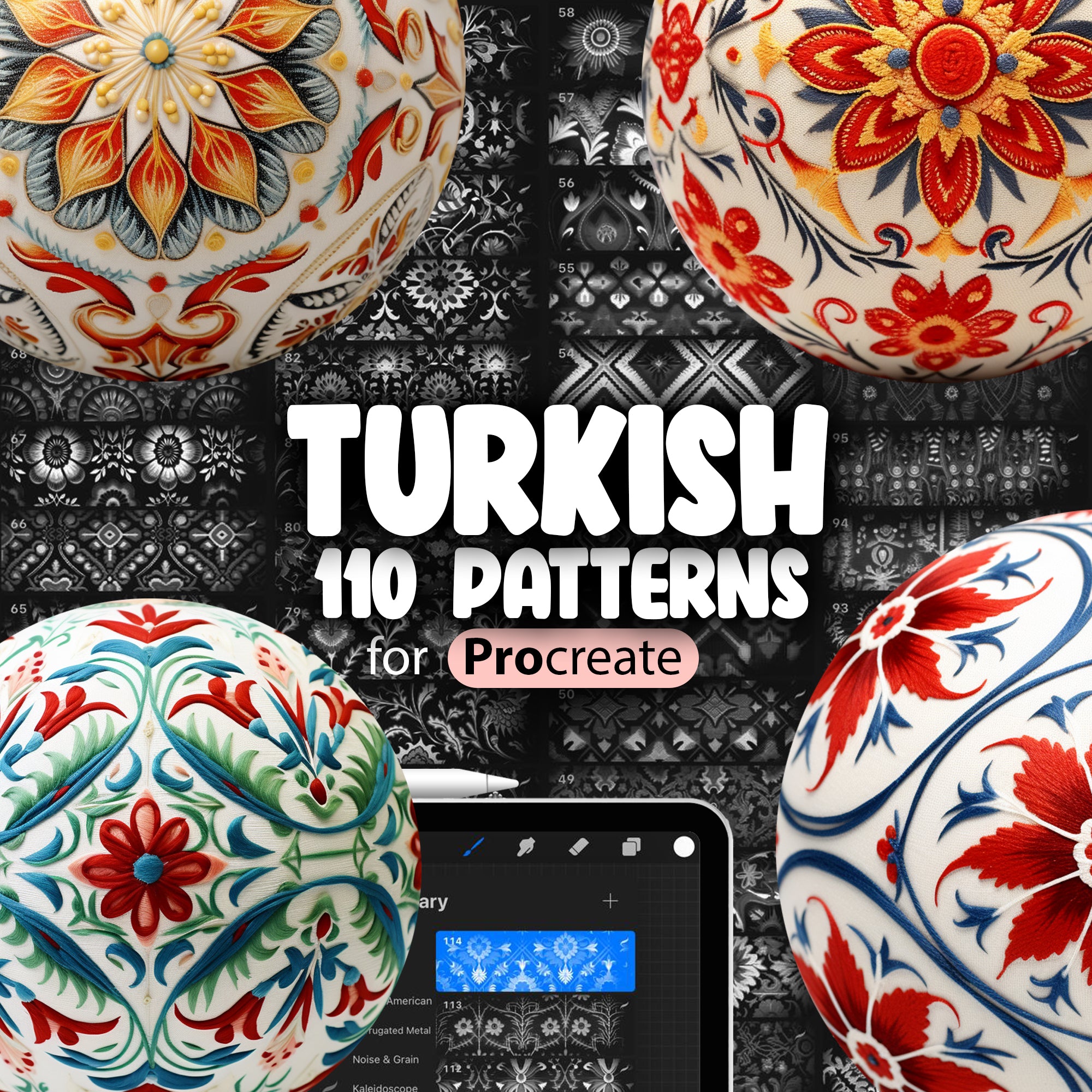 110 Procreate Turkish Patterns, Traditional Turkish Pattern Seamless Brushes, Turkish Ornament Procreate Brush, Floral Turkish Brush