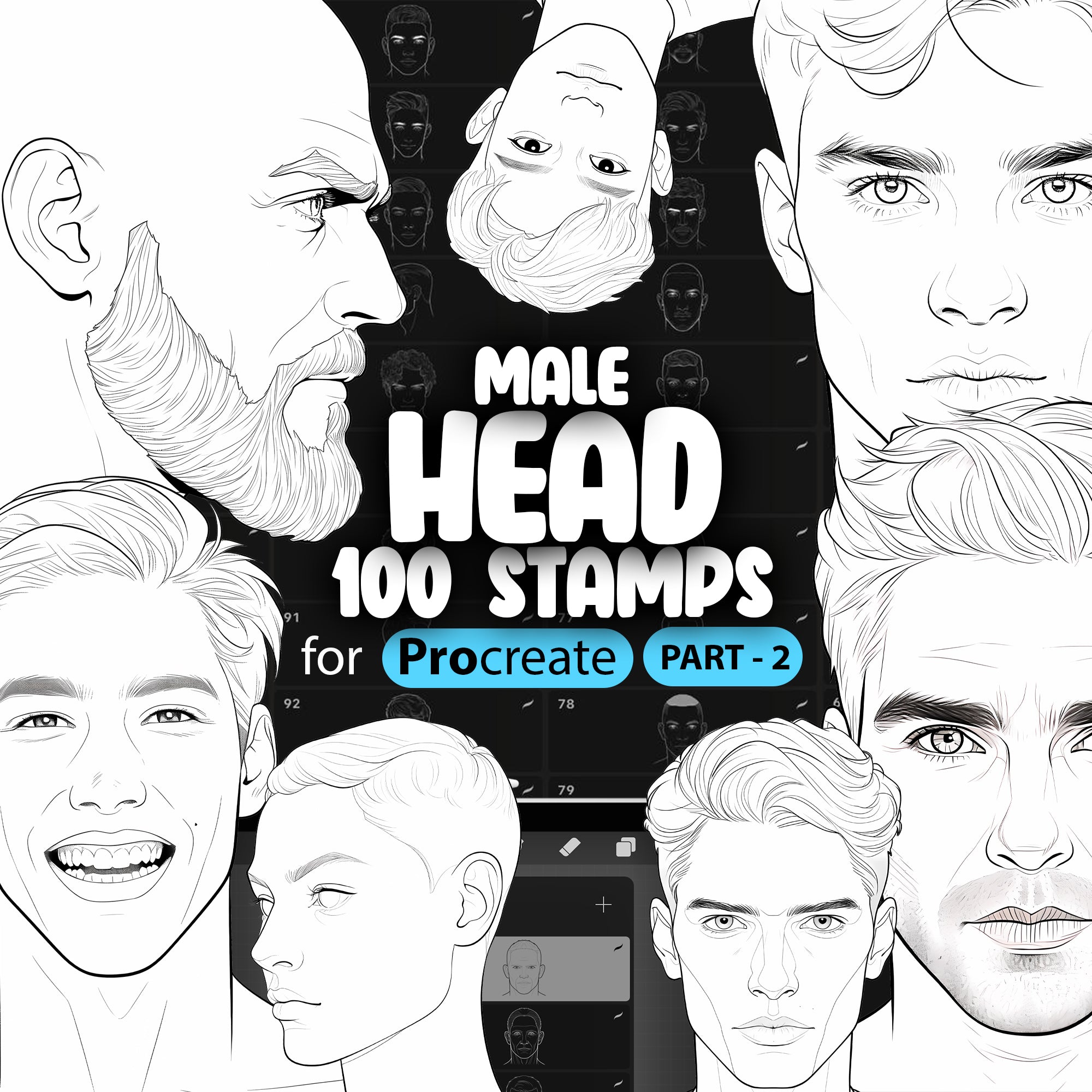 100 Procreate Male Head Stamps Part -2, Procreate Men Head Stamp Brushes, Procreate Man Head Stamp Brushes, Procreate Face Brushes