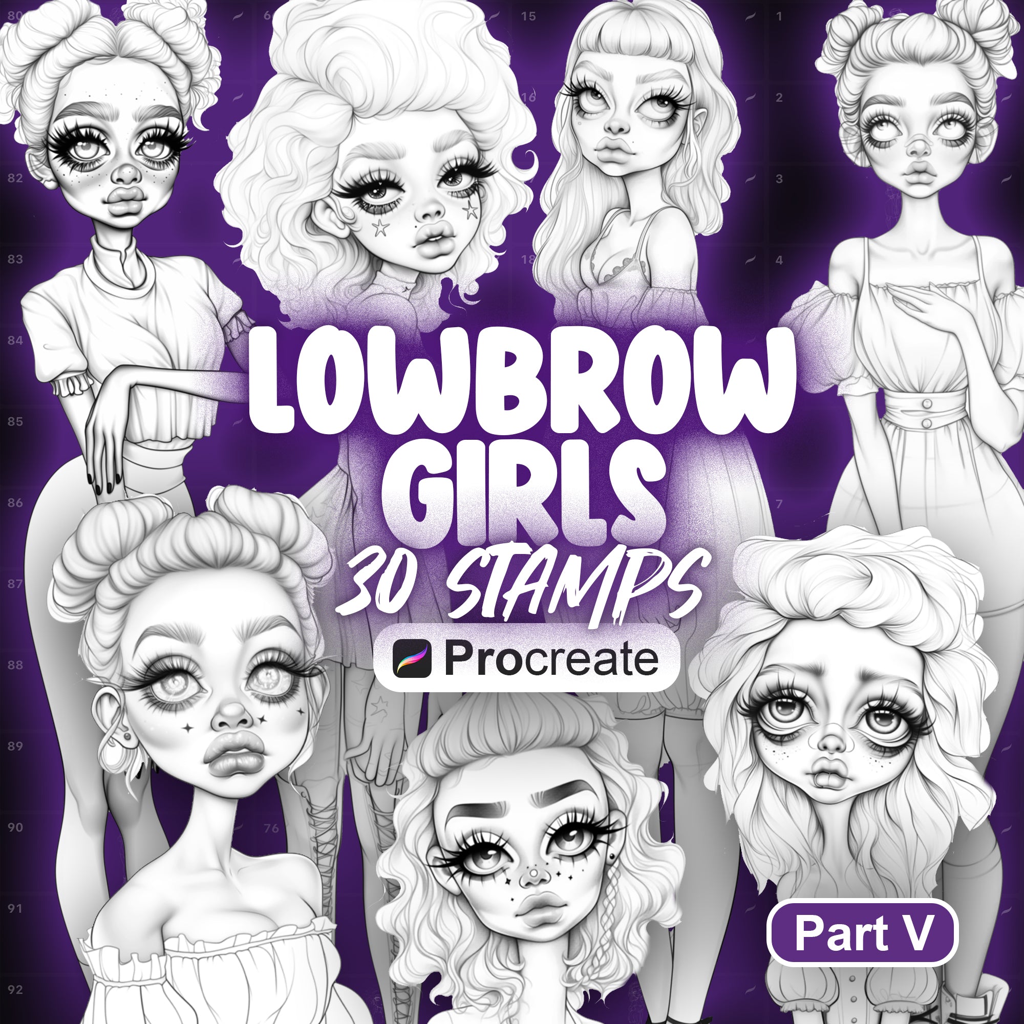 30 Procreate Lowbrow Stamps Part-5 | Unique Dolls in Full Height Stamps for Procreate | Procreate Fashion Model Girls | Procreate Characters