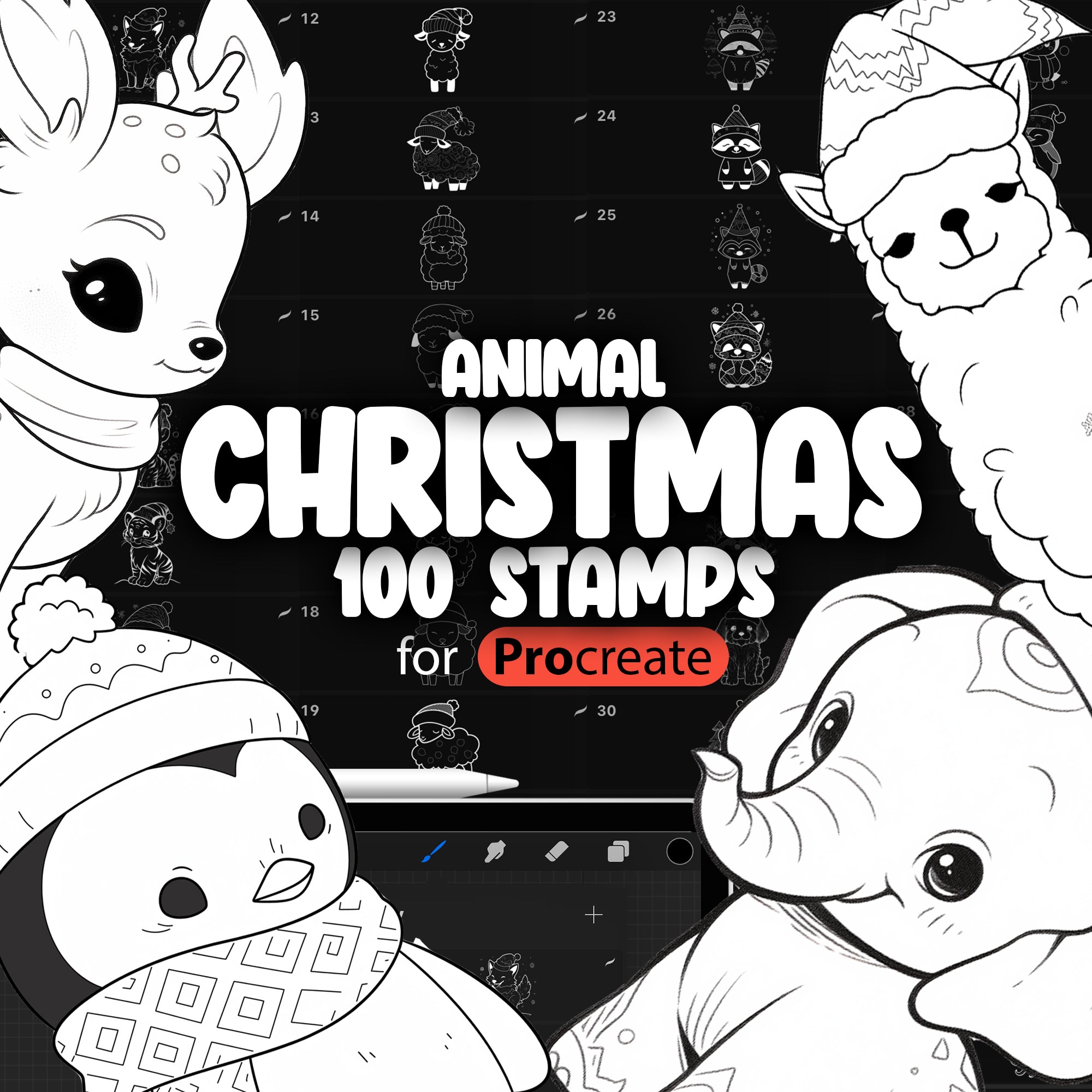 100 Procreate Cute Christmas Animals Stamp Brushes, Procreate Kawaii Animals Stamp Brush, Procreate Animal with Winter Hat Stamps