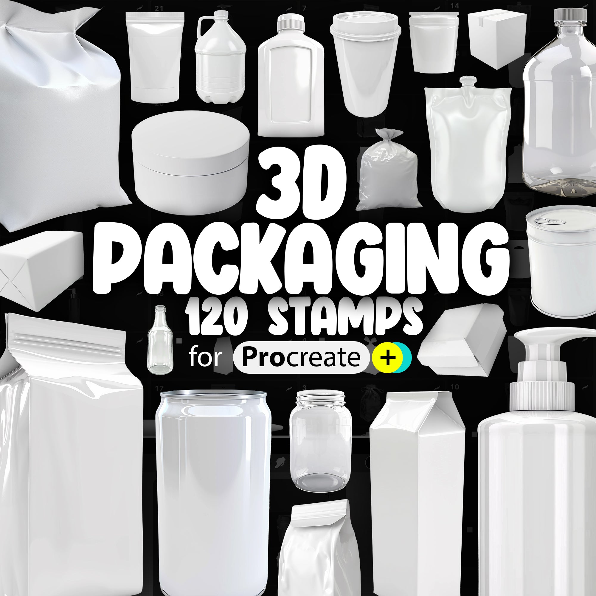 120 Procreate 3D Packaging Stamp Brushes | Procreate Plastic Bottles Stamps | Procreate Cans Stamps | Procreate Jars Stamps | Procreate Box