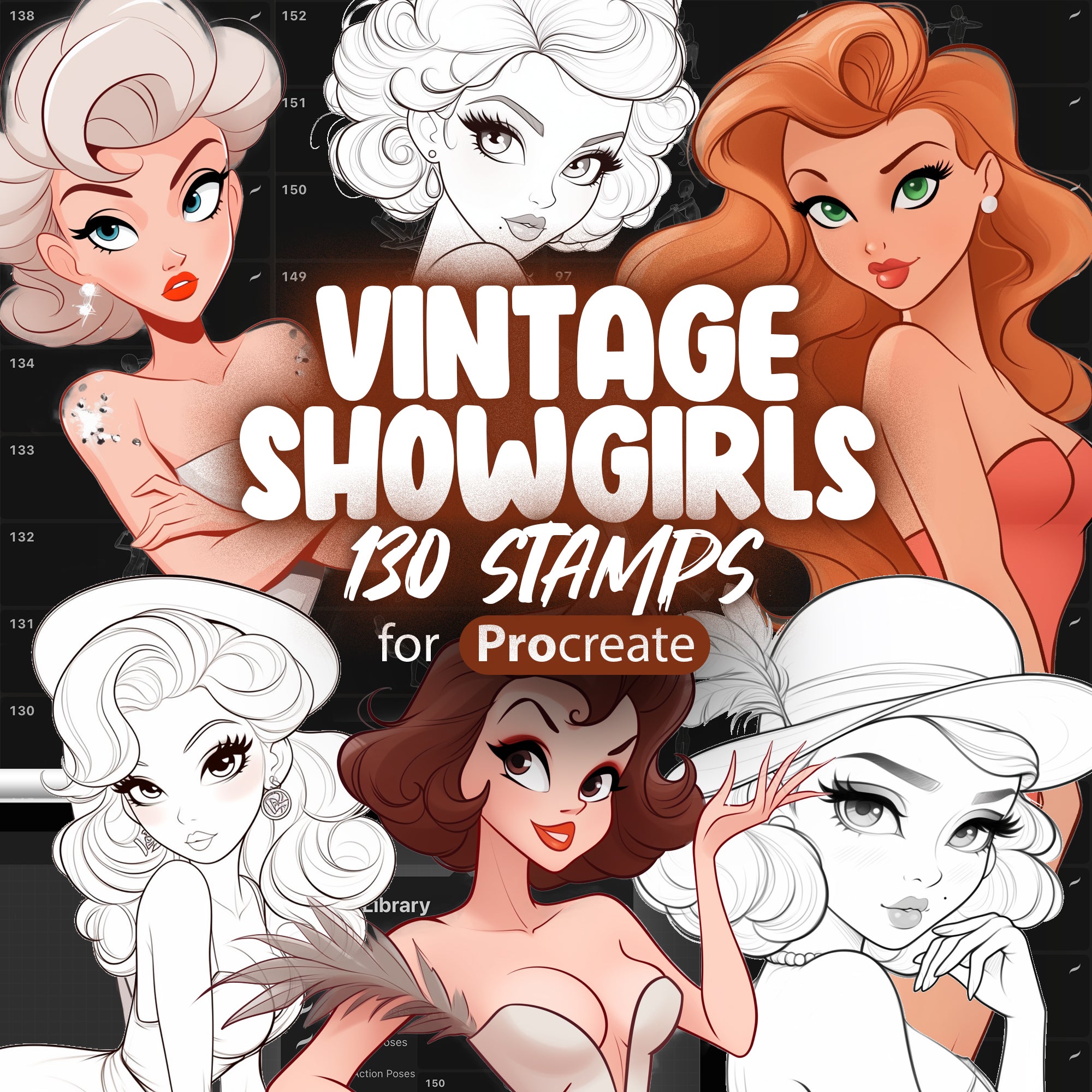 130 Procreate Vintage Showgirl Stamps | Procreate Cartoon Girls Stamps | Procreate Fashion Cartoon Girls Stamp Brushes