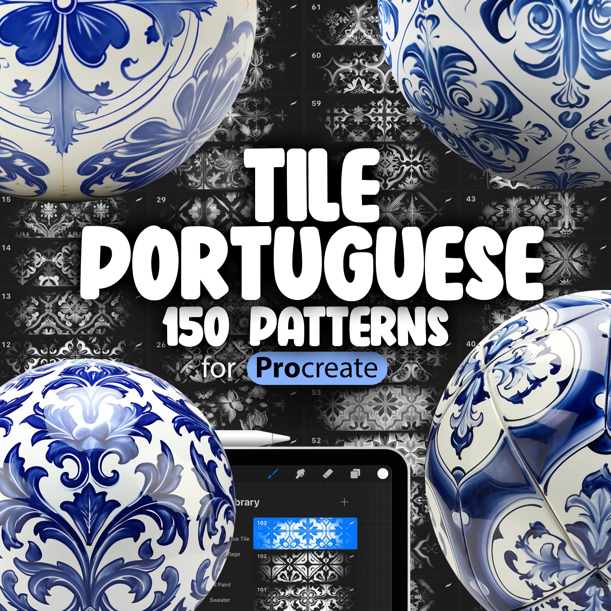 100 Procreate Portuguese Tile Patterns, Traditional Azulejo Tile Procreate Texture Seamless Brushes, Talavera Style Tile Procreate Brush