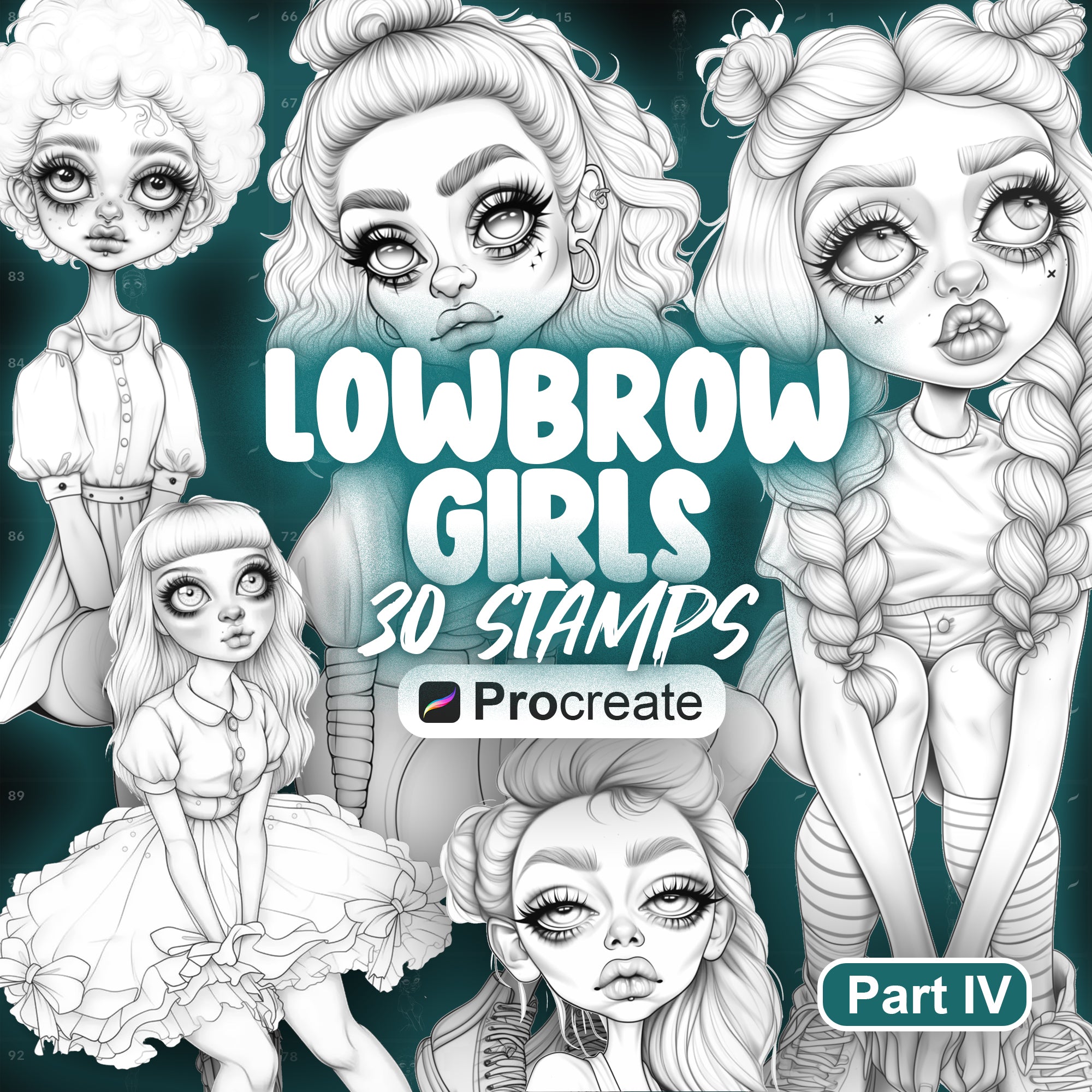 30 Procreate Lowbrow Stamps Part-4 | Unique Dolls in Full Height Stamps for Procreate | Procreate Fashion Model Girls | Procreate Characters