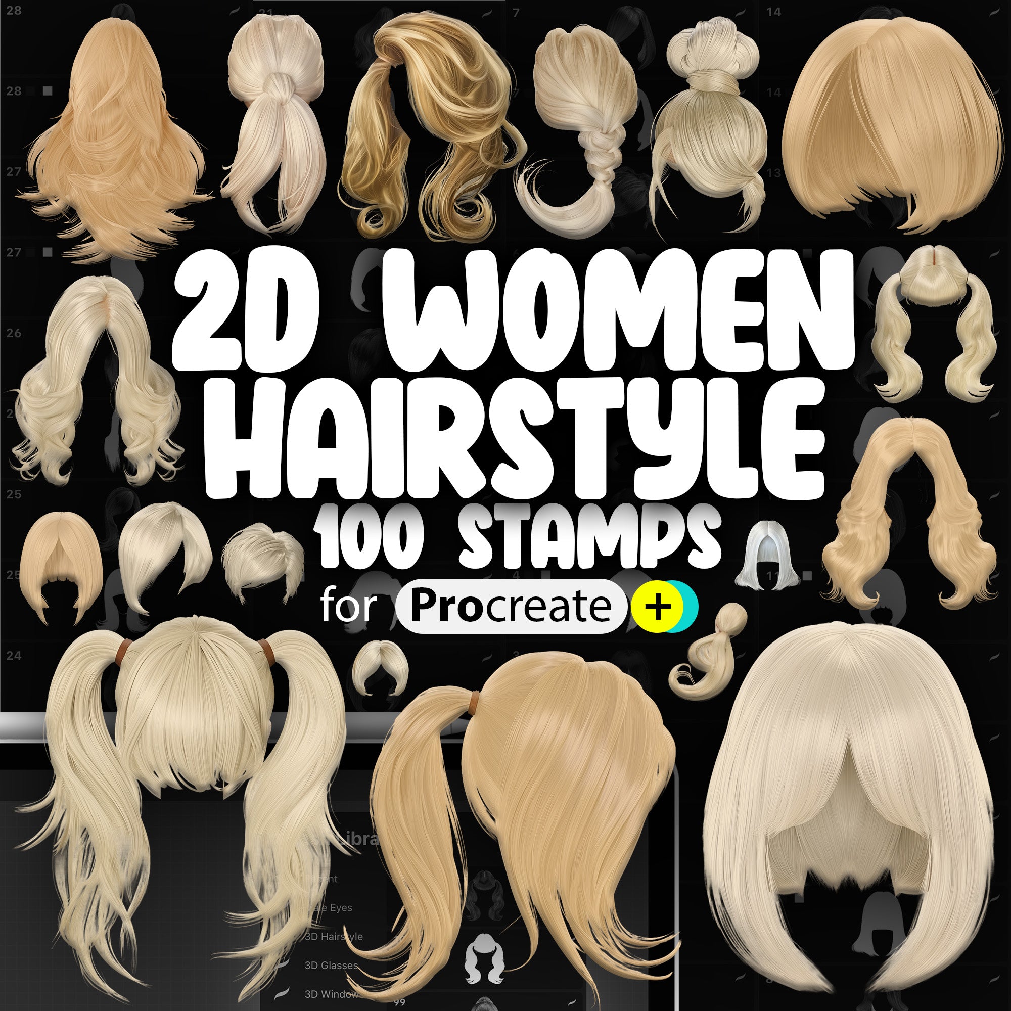 100 Procreate 2D Female Hairstyle Stamps Brushes