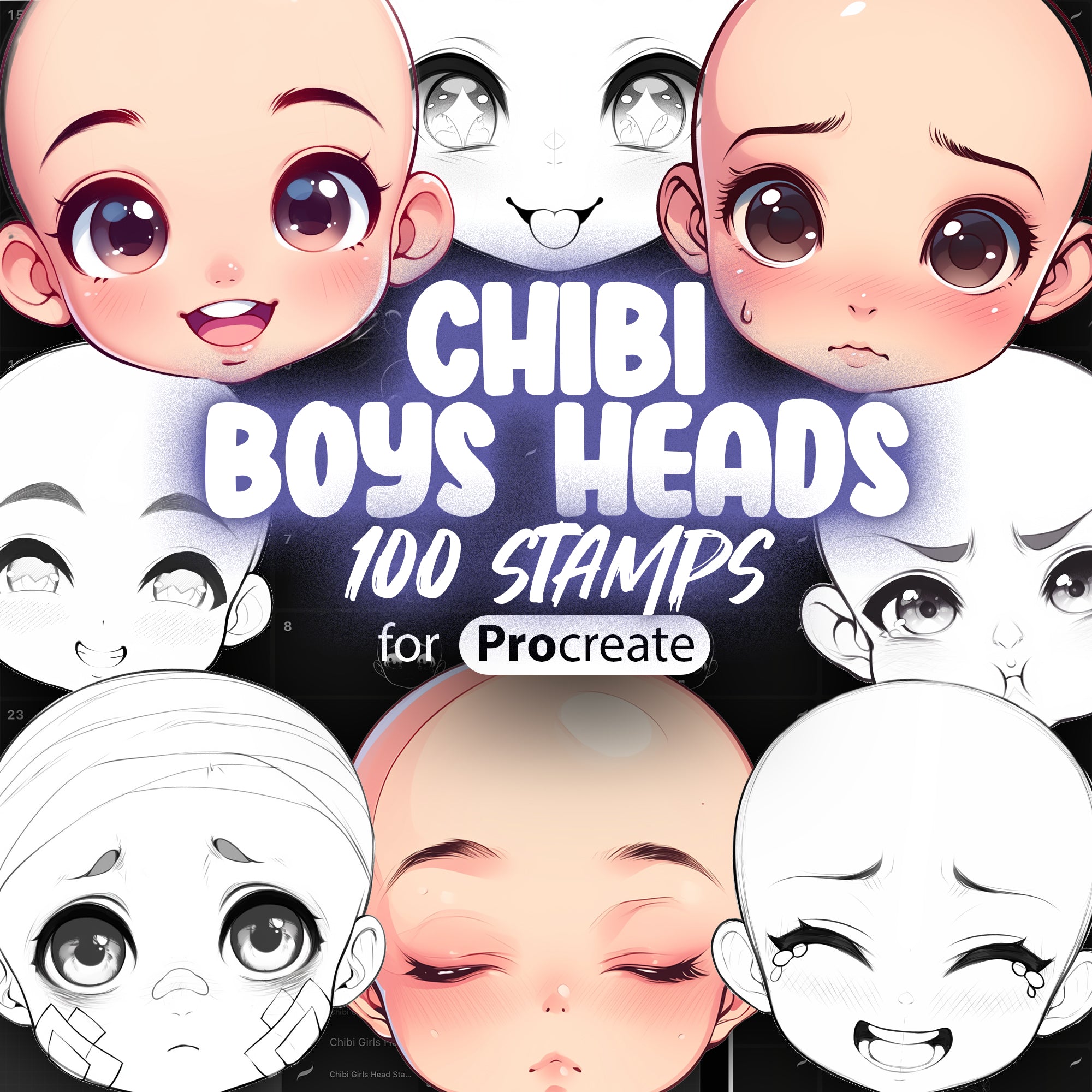 100 Procreate Chibi Boys Head Stamps | Procreate Chibi Boys Face Stamps | Procreate Chibi Stamps | Procreate Chibi Emotion Stamps