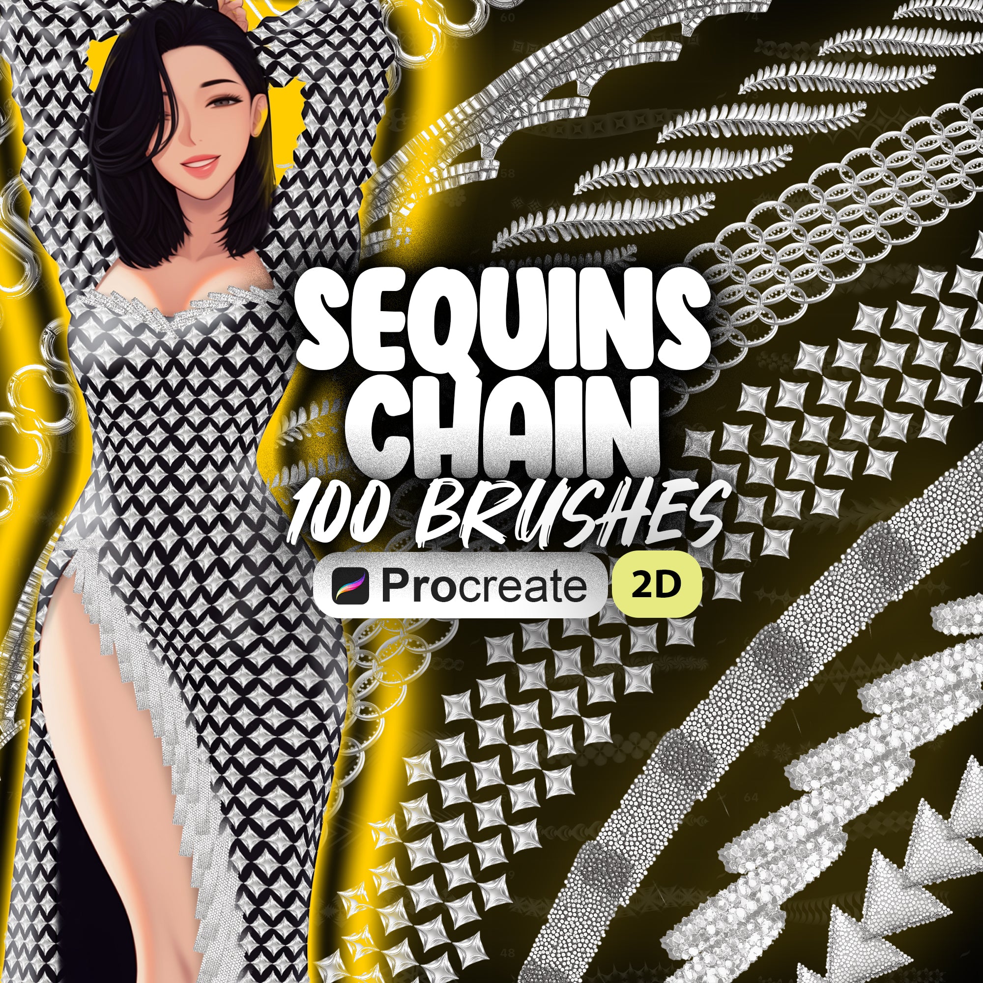 100 Procreate 2D Sequins Chain Brushes | Metallic Chain Brushes Procreate | Procreate Gold Chain Brushes | Procreate Fashion Brushes