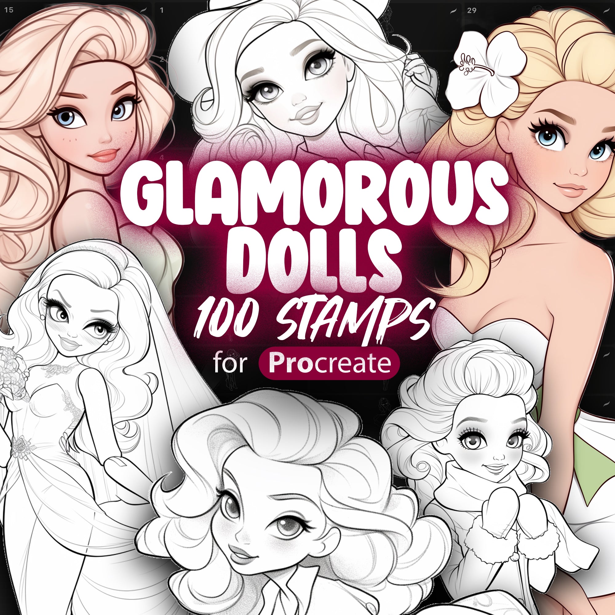 100 Procreate Cartoon Doll Stamps in different styles ready for Coloring | Procreate Fashion Doll Girl Stamps | Stylish Cartoon Girls