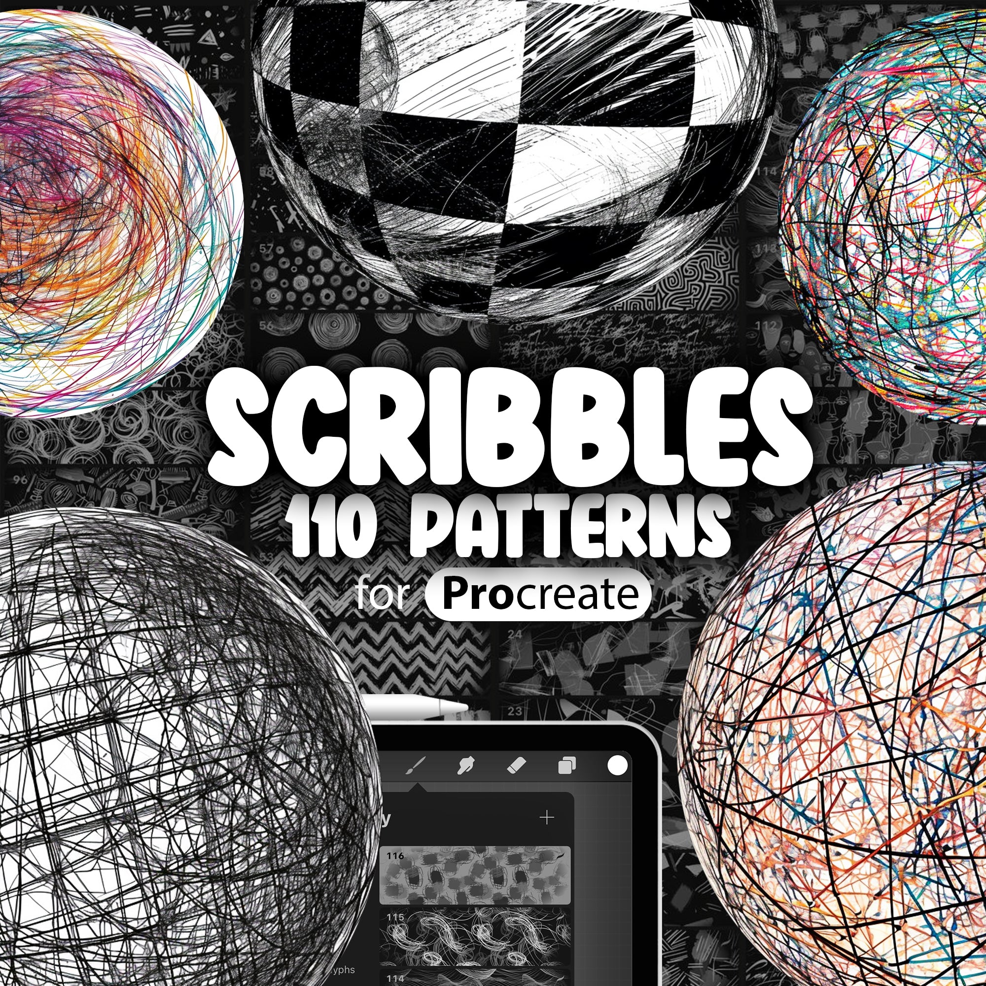 110 Procreate Scribbles Patterns Brushes, Procreate Doodles Pattern Brushes, Procreate Abstract Brush,  Procreate Funky Patterns Brushes