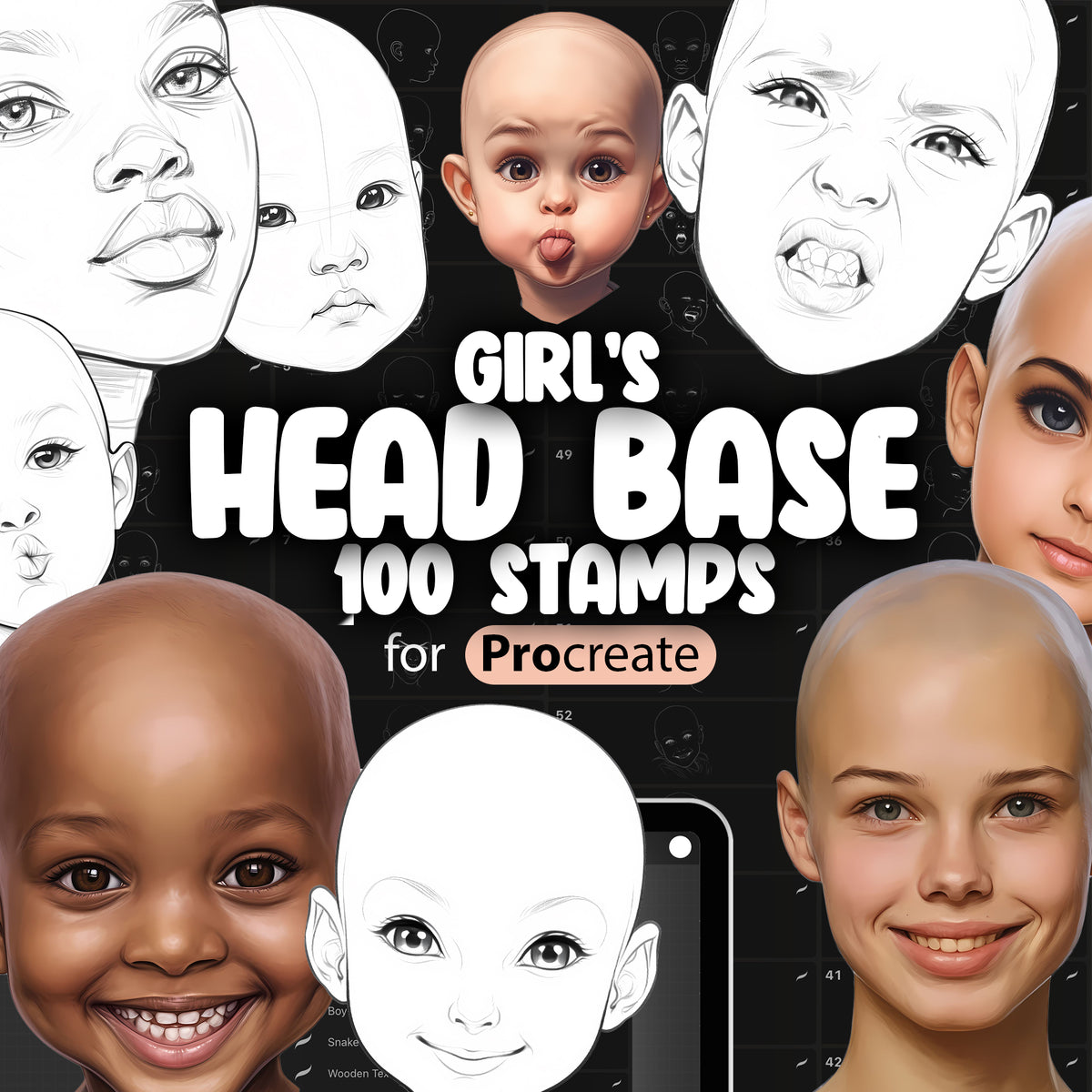 100 Procreate Girl's Heads Base Stamps, Procreate Female Head Guide St ...