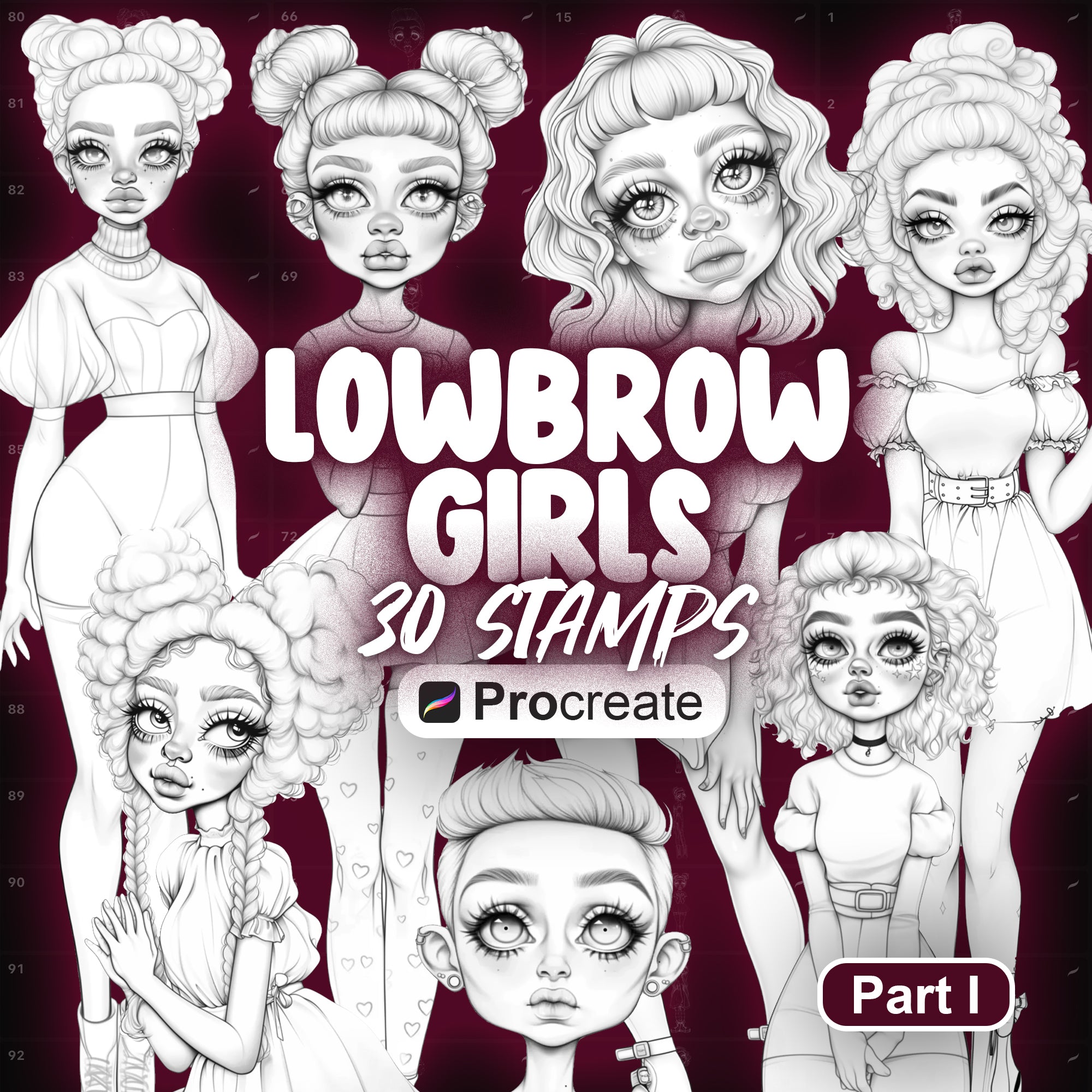 30 Procreate Lowbrow Stamps Part-1 | Unique Dolls in Full Height Stamps for Procreate | Procreate Fashion Model Girls | Procreate Characters