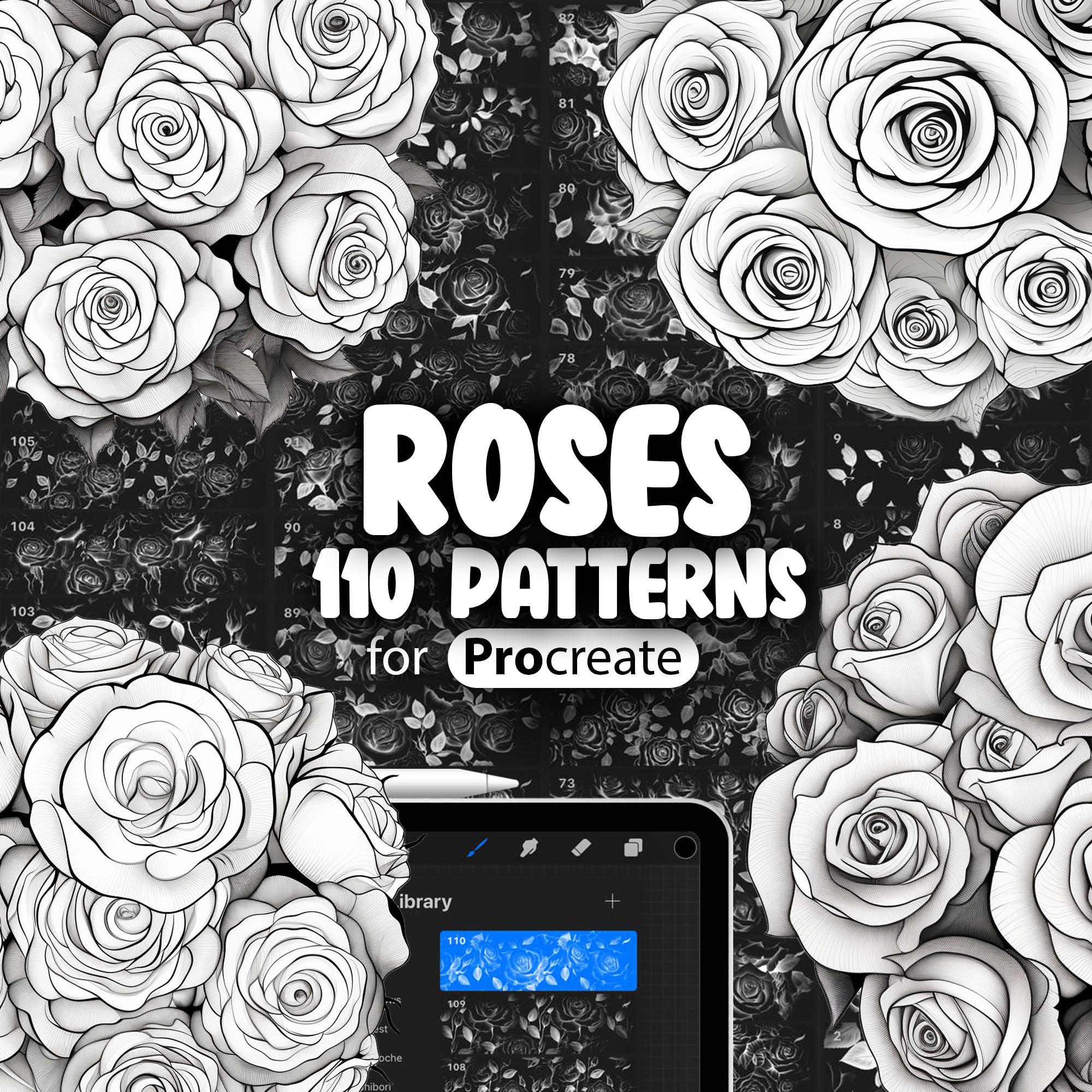 110 Procreate Roses Patterns, Flowers Procreate Seamless Texture Brushes, Procreate Rose Brushes