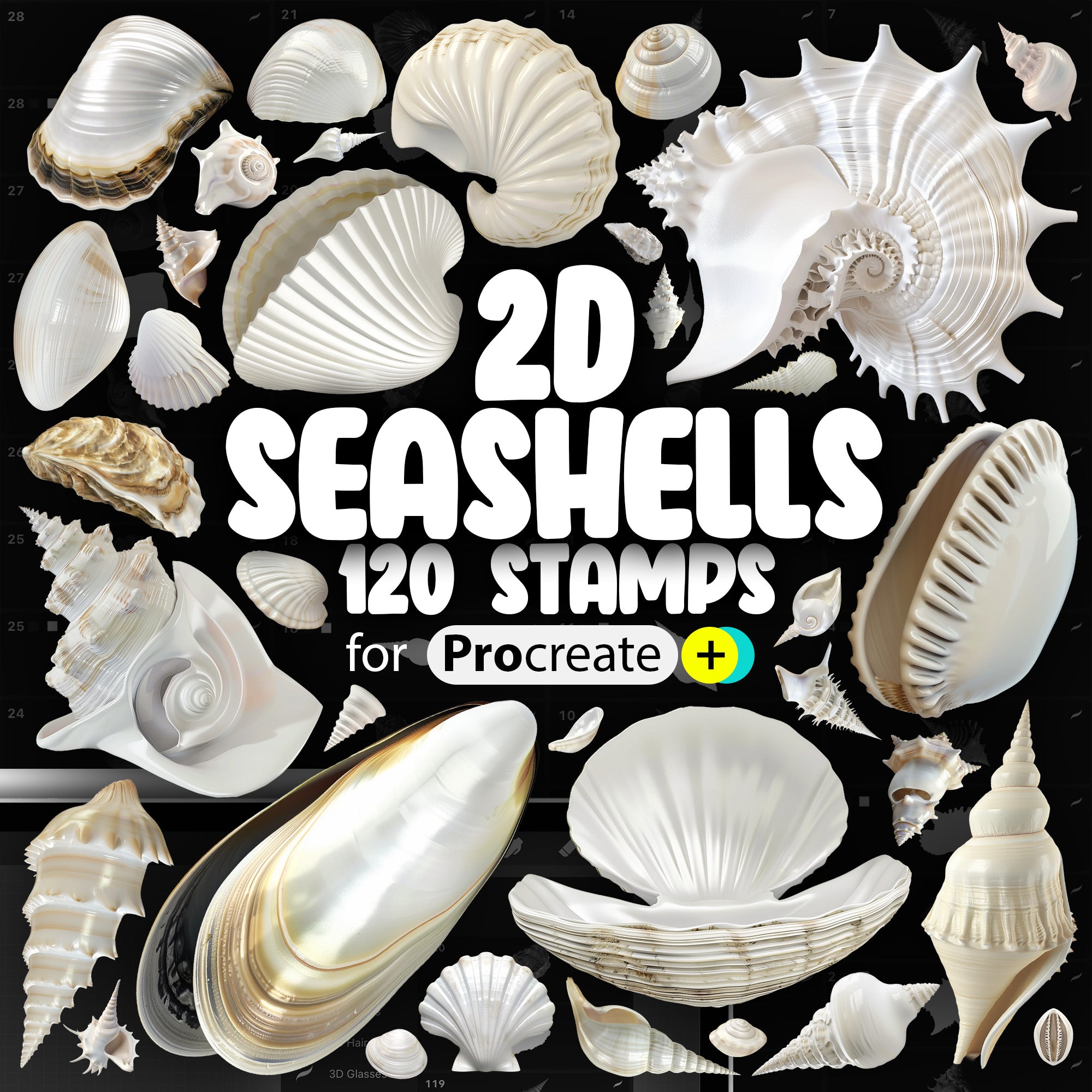 120 Procreate 2D Seashells Stamps Brushes