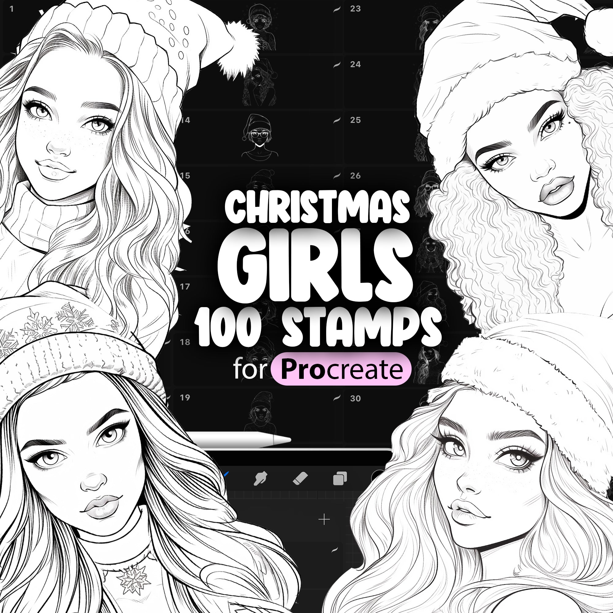 100 Procreate Christmas Girl Stamps, Procreate Women in Christmas Hat Stamp Brushes, Procreate Winter Female Stamp Brushes