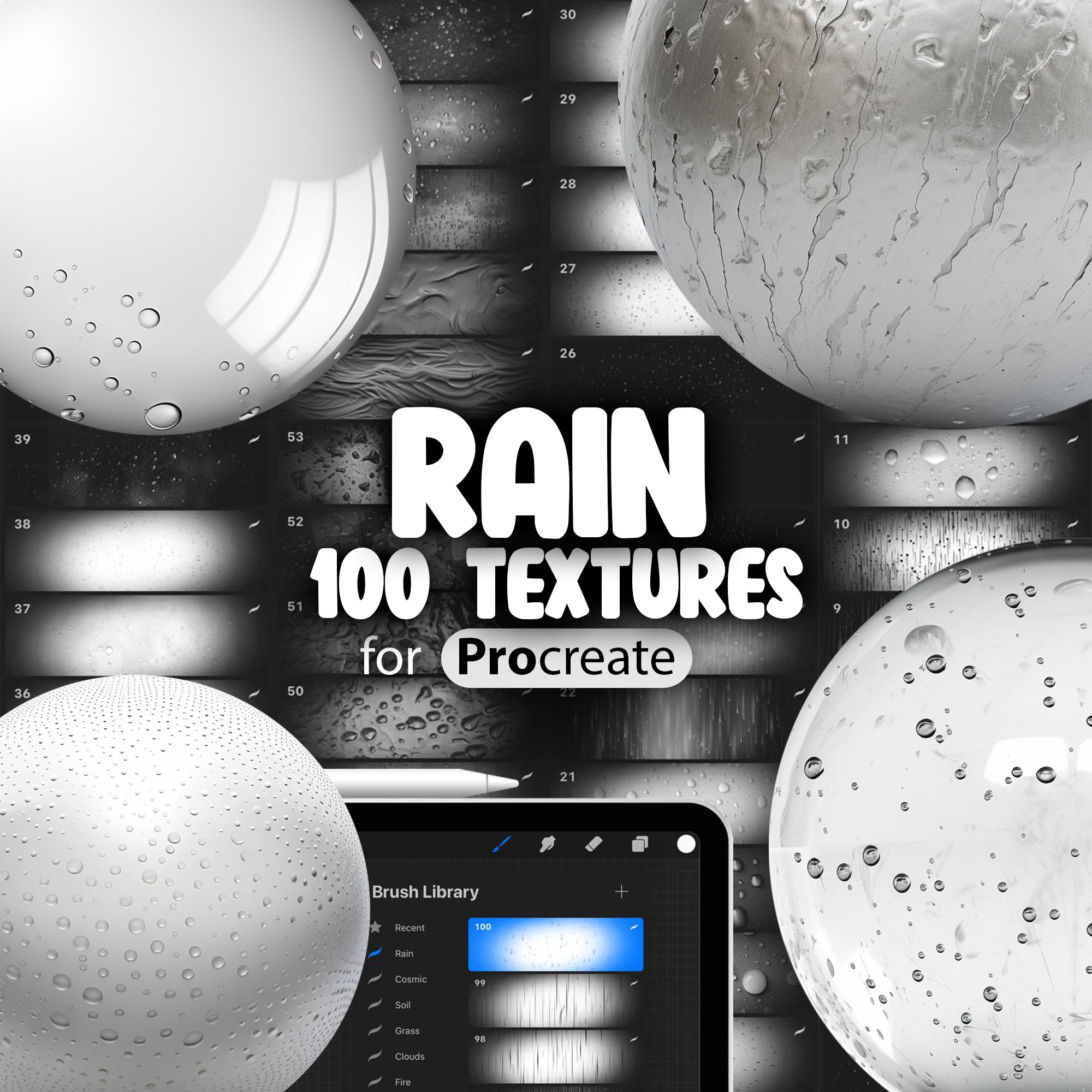 100 Procreate Rain Textures, Light Drizzle Procreate Texture Seamless Brushes, Heavy Rain Procreate Texture, Raindrops Procreate Texture