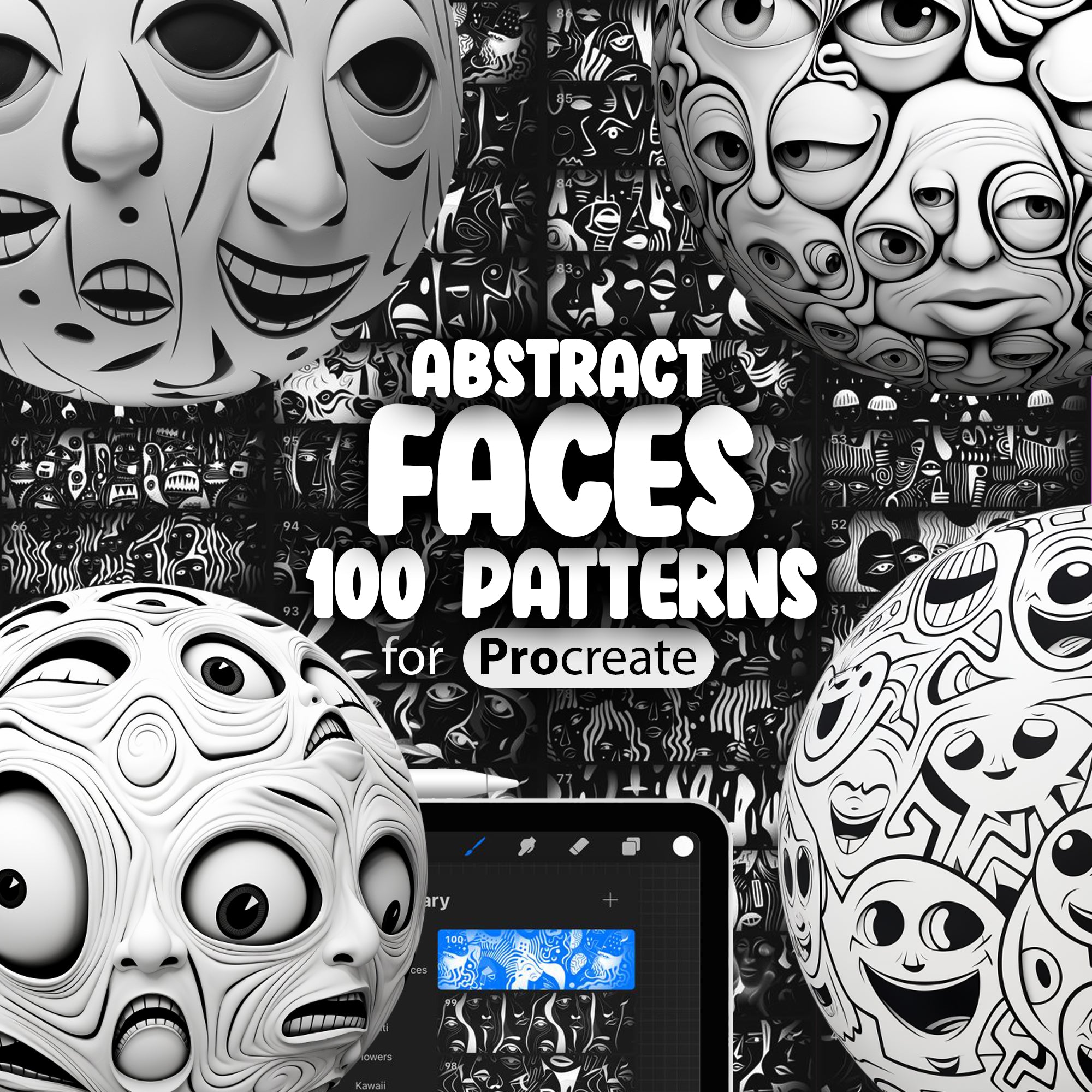 100 Procreate Abstract Face Patterns, Psychedelic Abstraction Procreate Brush, Girl Faces Procreate Texture Seamless Brushes