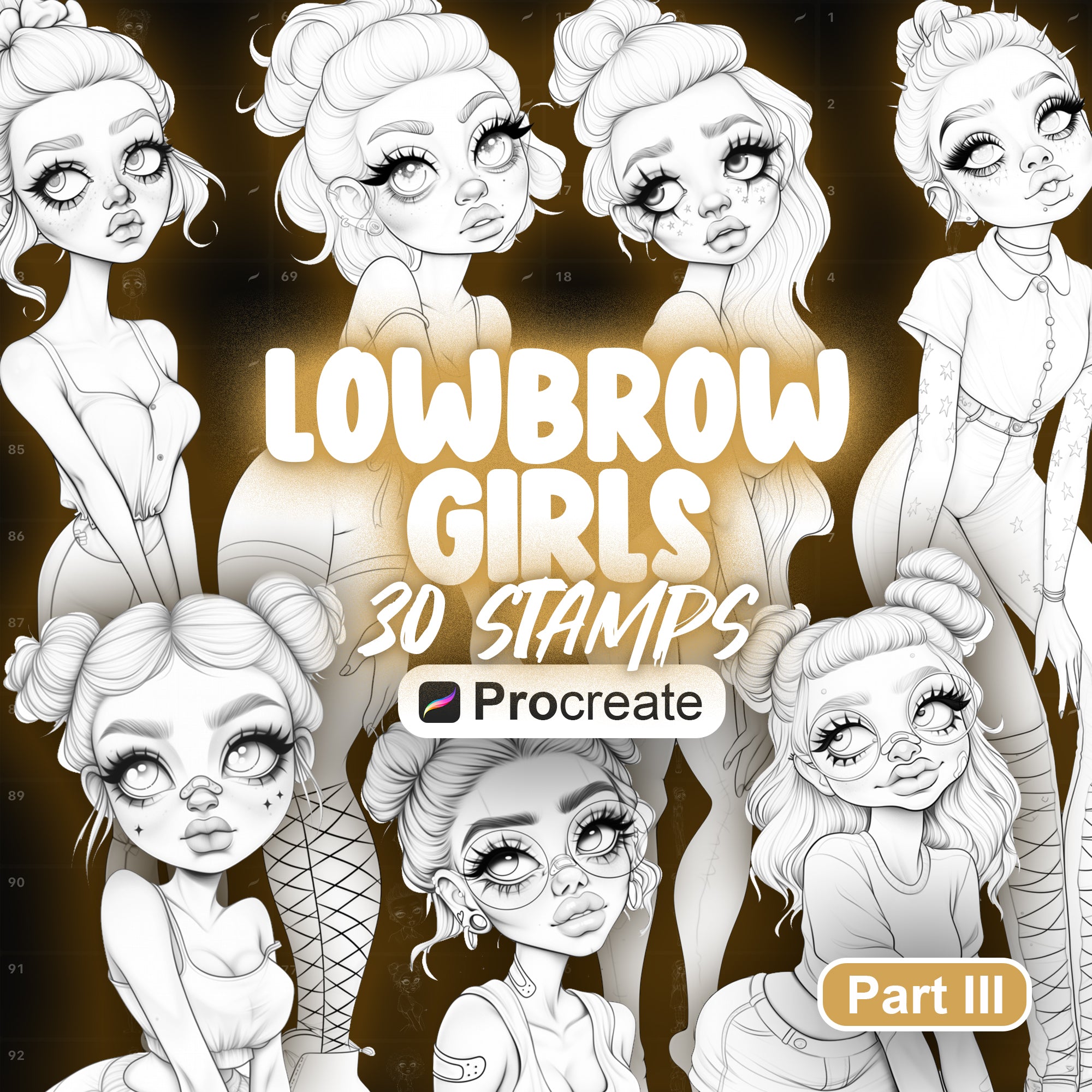 30 Procreate Lowbrow Stamps Part-3 | Unique Dolls in Full Height Stamps for Procreate | Procreate Fashion Model Girls | Procreate Characters