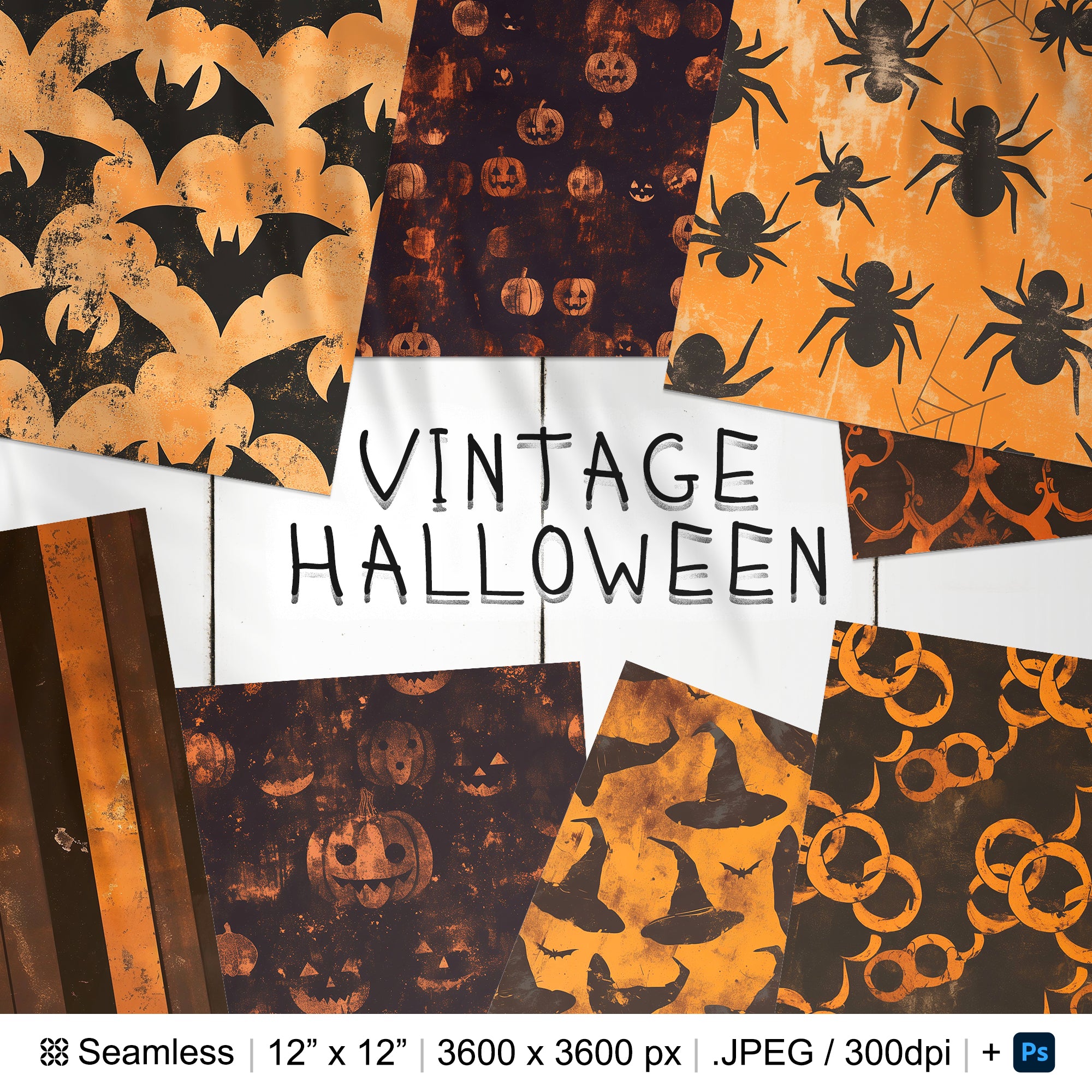 34 Vintage Halloween Seamless Pattern | Halloween Digital Paper | Cute Ghosts, Pumpkins, Spiderwebs, Bats | Photoshop Halloween Patterns