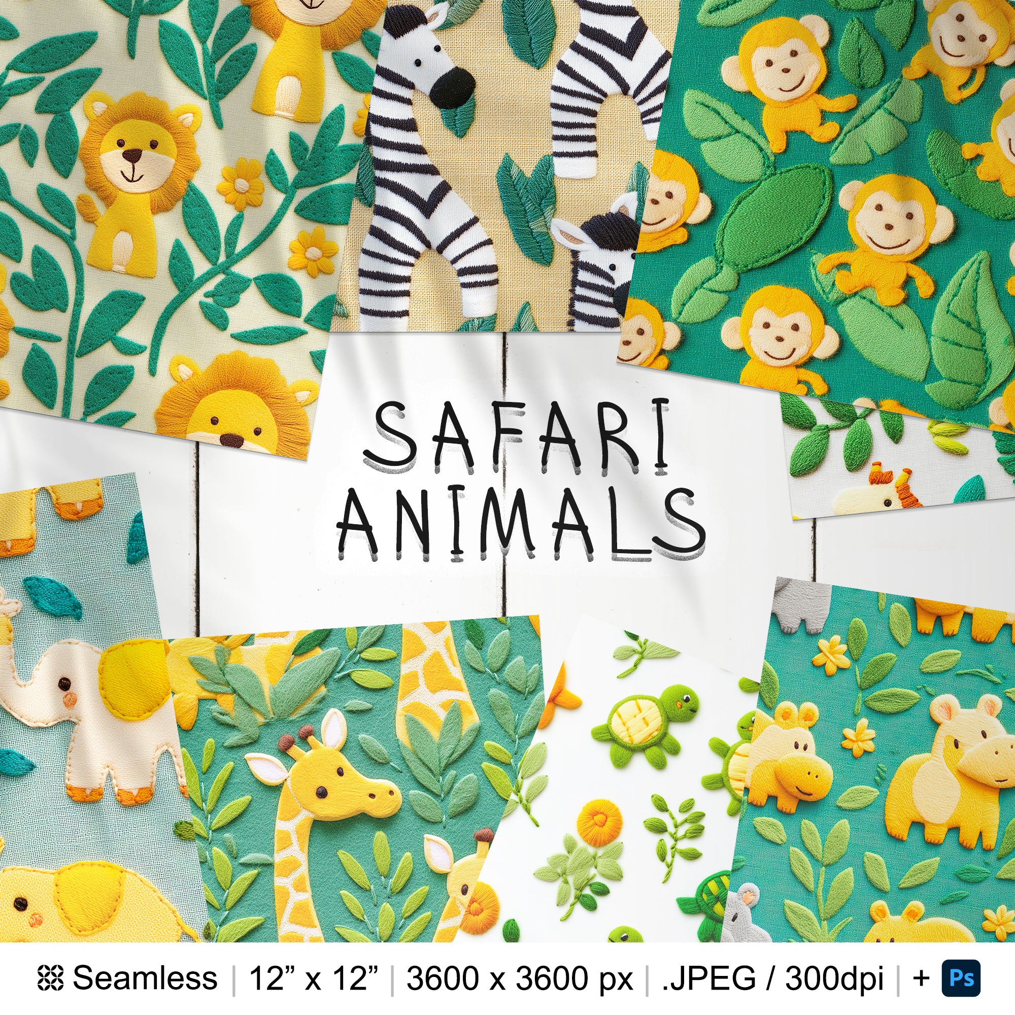 25 Safari Animals Embroidery Seamless Pattern Background | Embroidered Animals Digital Seamless Texture | Photoshop Safari Animals Patterns