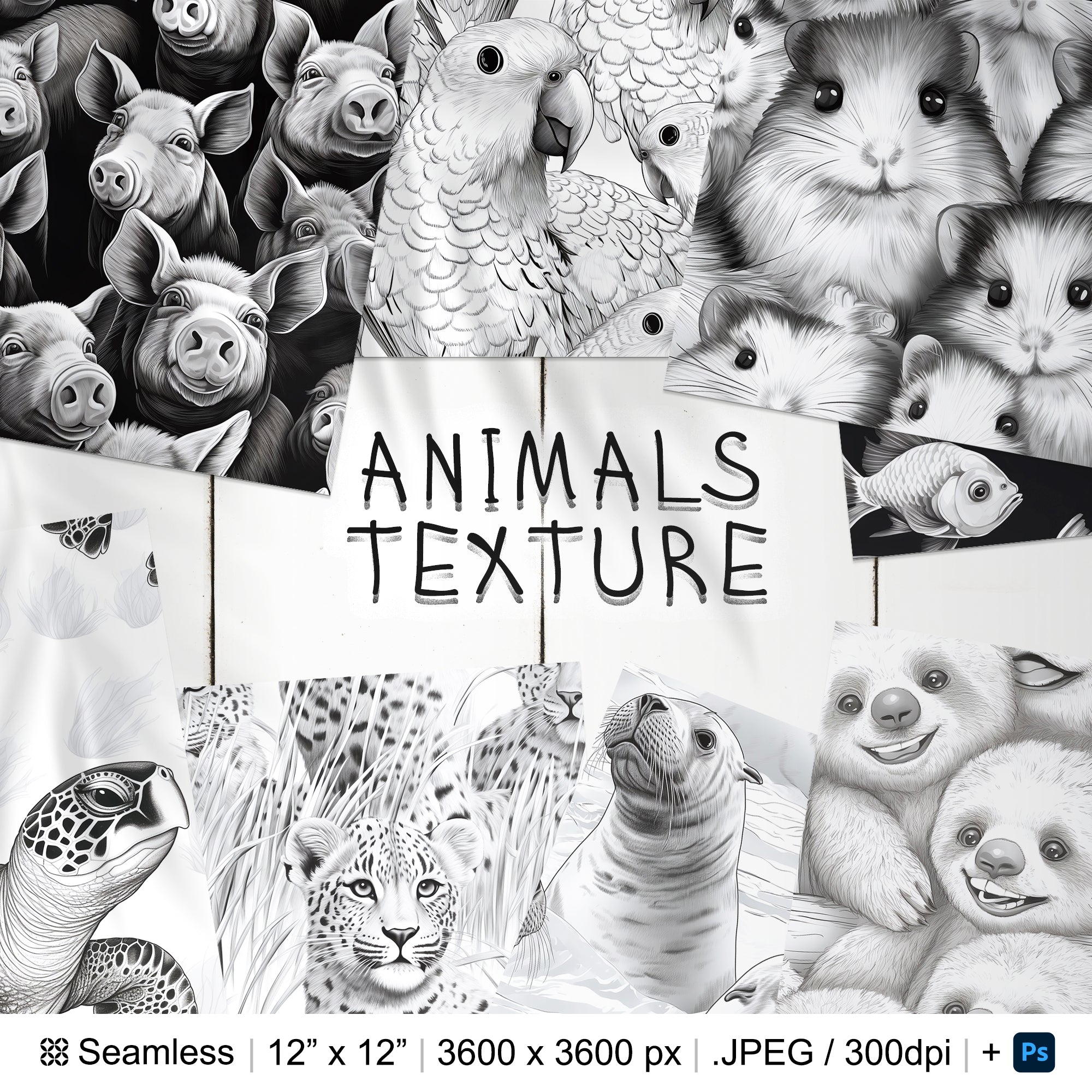 136 Black and White Animals Seamless Pattern | Digital Seamless Pattern Animals | 3d Animals Digital Paper | Photoshop Animals Patterns