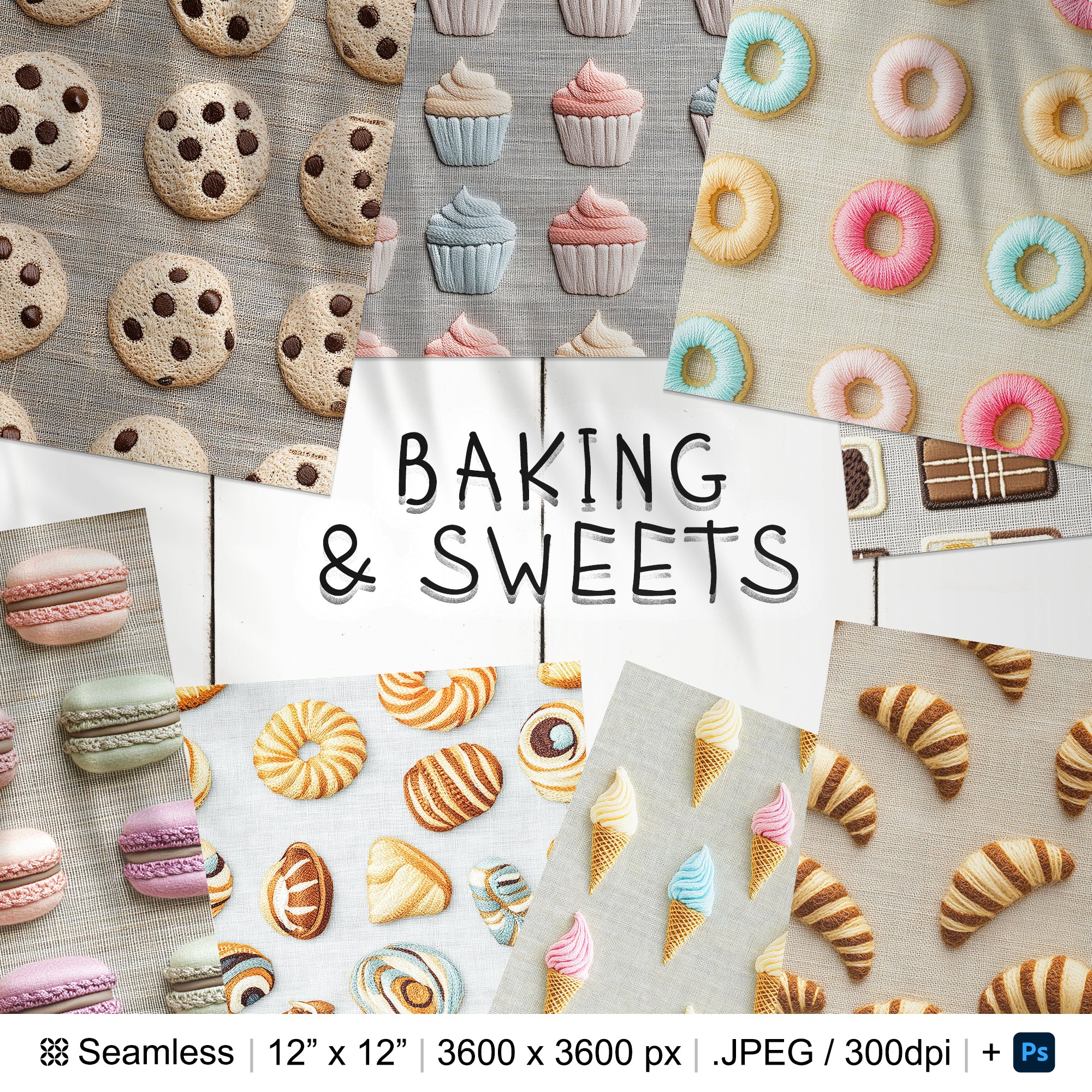 20 Baking & Sweets Embroidery Seamless Pattern Background | Deserts Digital Seamless Textures | Macarons Photoshop Patterns | Donut Patterns