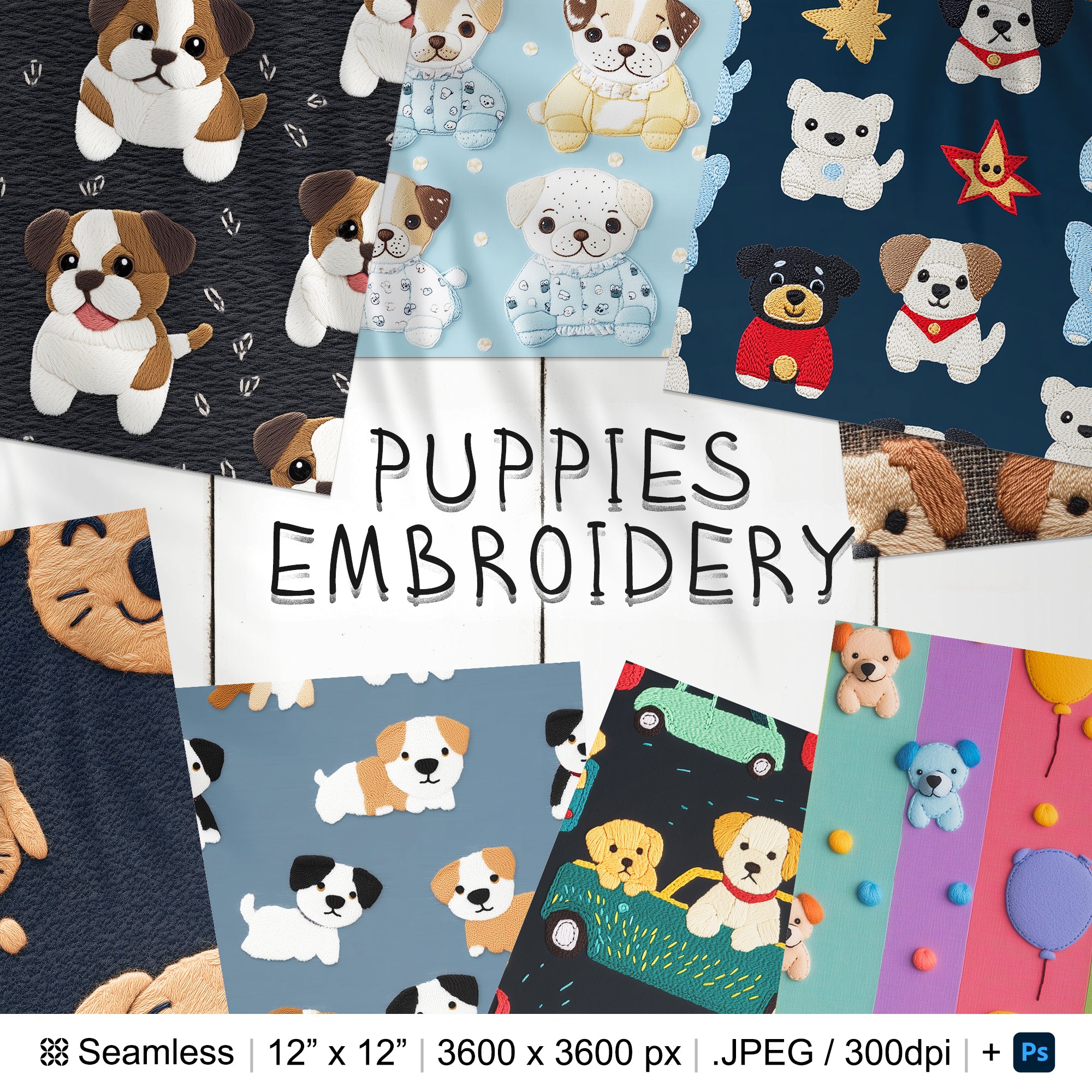 28 Puppies Embroidery Seamless Pattern Background | Cute Dogs Digital Seamless Pattern | Puppies Digital Paper | Photoshop Puppies Patterns