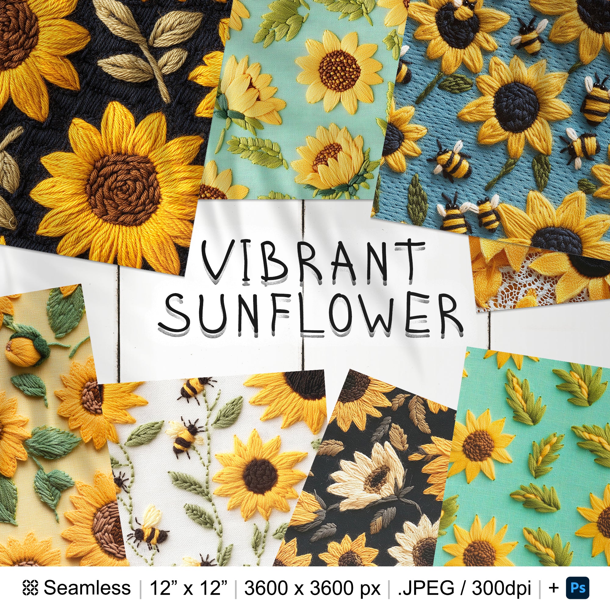 31 Sunflowers Embroidery Seamless Pattern Background | Wildflowers Digital Paper | Photoshop Sunflower Patterns | Flowers Embroidery Pattern