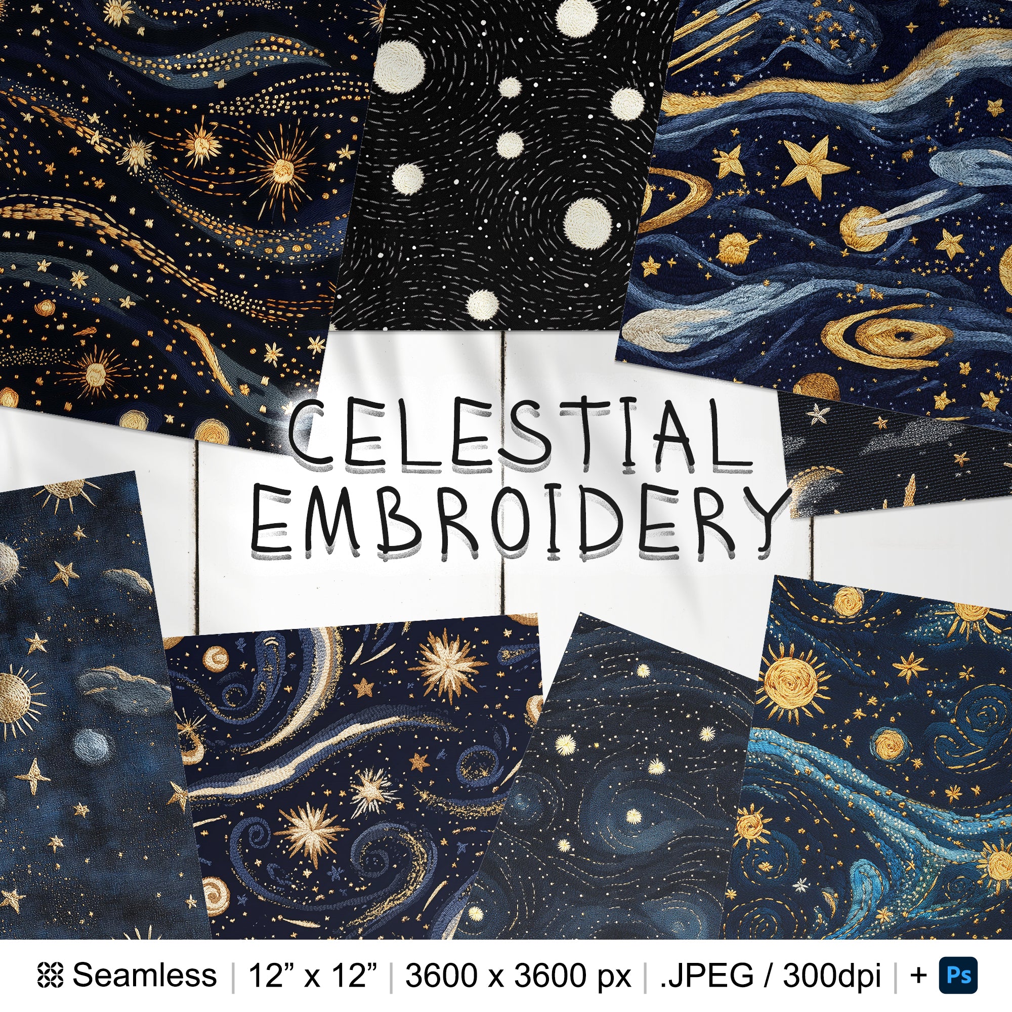 25 Celestial Embroidery Seamless Pattern Background | Starry Night Digital Seamless Texture | Photoshop Celestial Stars Sun Moon Patterns