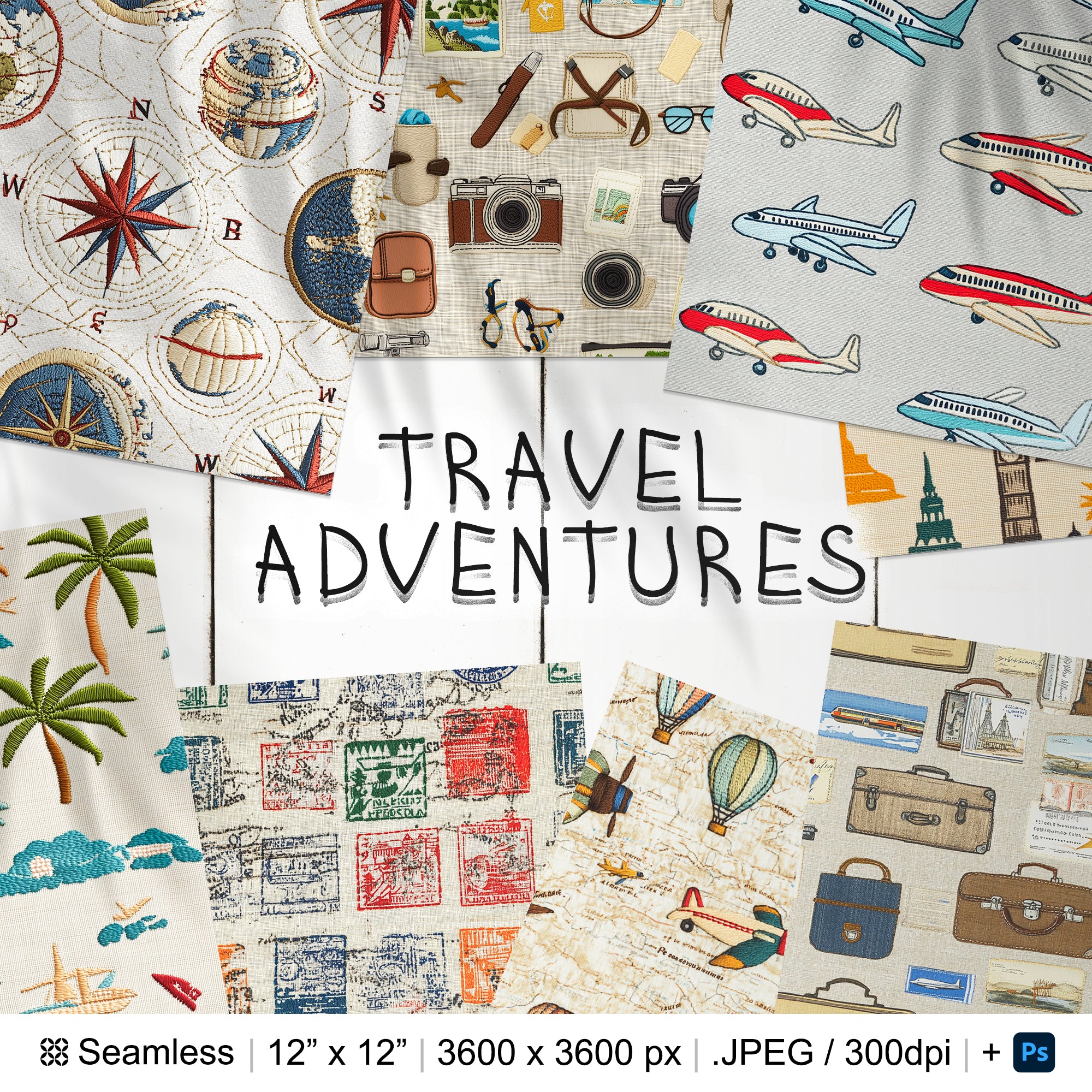 20 Travel Adventures Embroidery Seamless Pattern Background | Vintage Travel Digital Seamless Texture | Photoshop Travelling Patterns