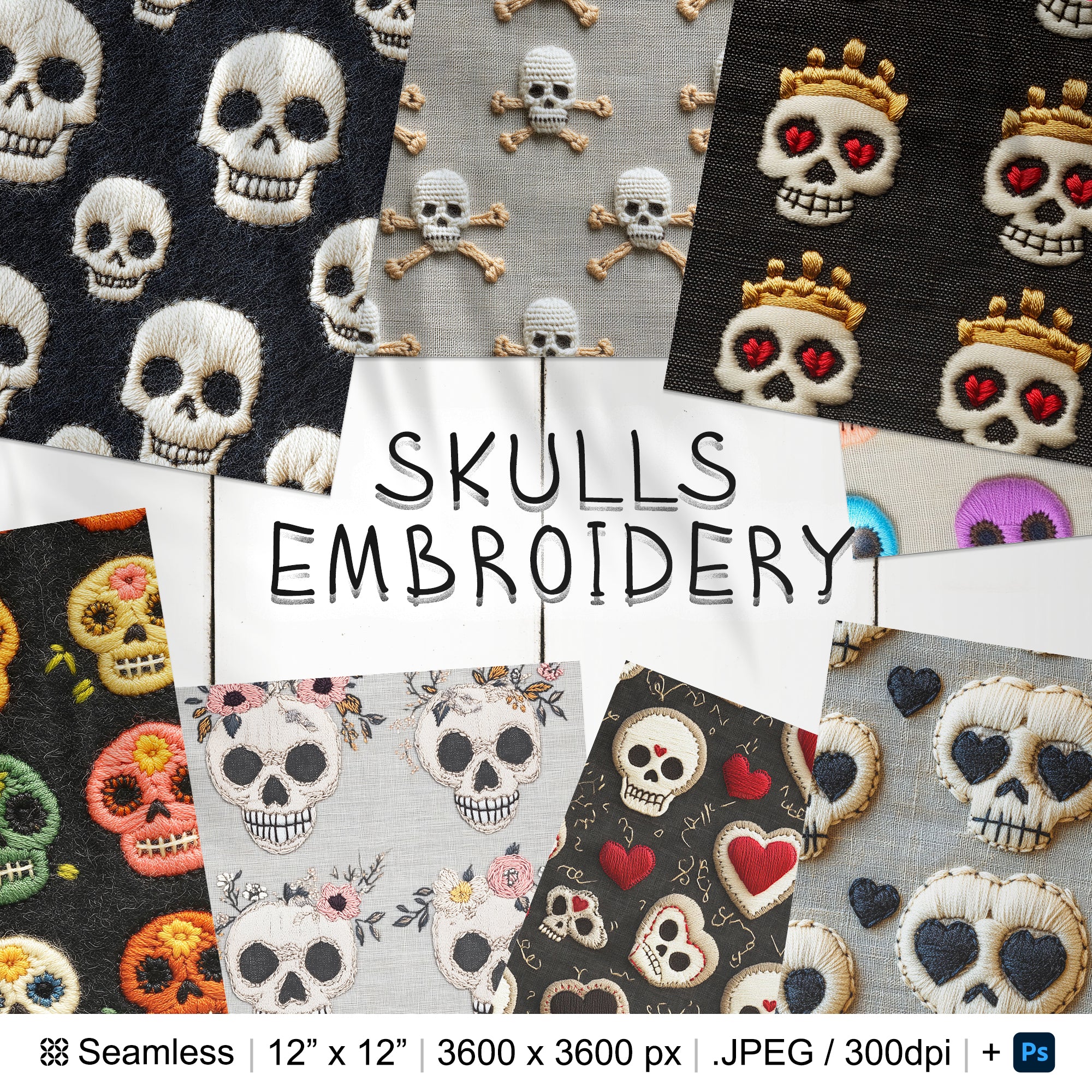 25 Skulls Embroidery Seamless Pattern Background | Floral Skull Digital Seamless Pattern | Skulls Digital Paper | Photoshop Skulls Patterns