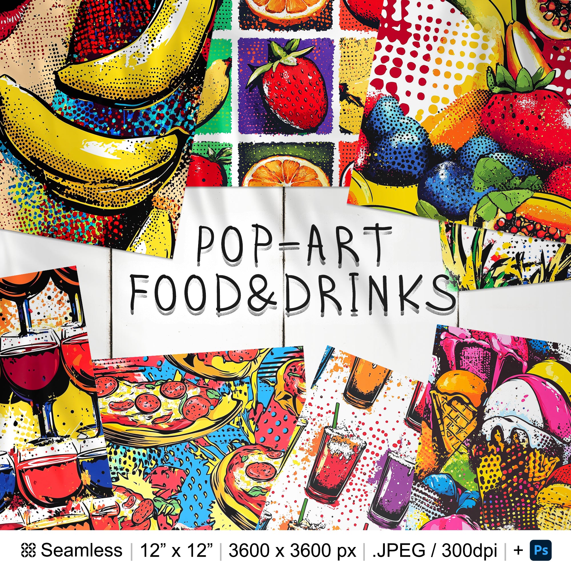 25 Pop-Art Food & Drinks Seamless Pattern | Pop-Art Fruits Digital Seamless Texture | PopArt Fast Food Patterns | Pop-Art Digital Paper